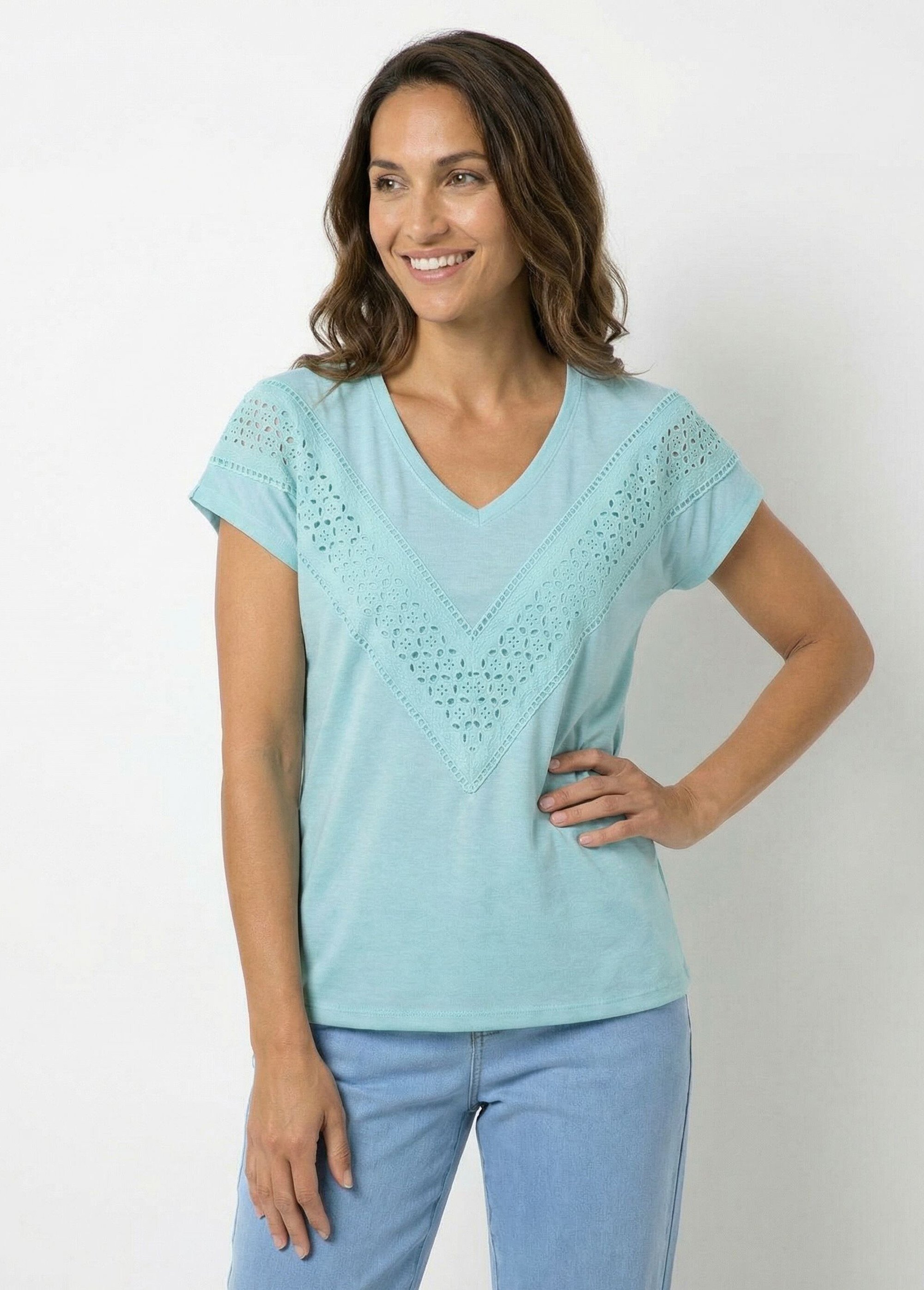 T-shirt uni col rond dentelle manches kimono Femme OPALINE CARIMA FA1