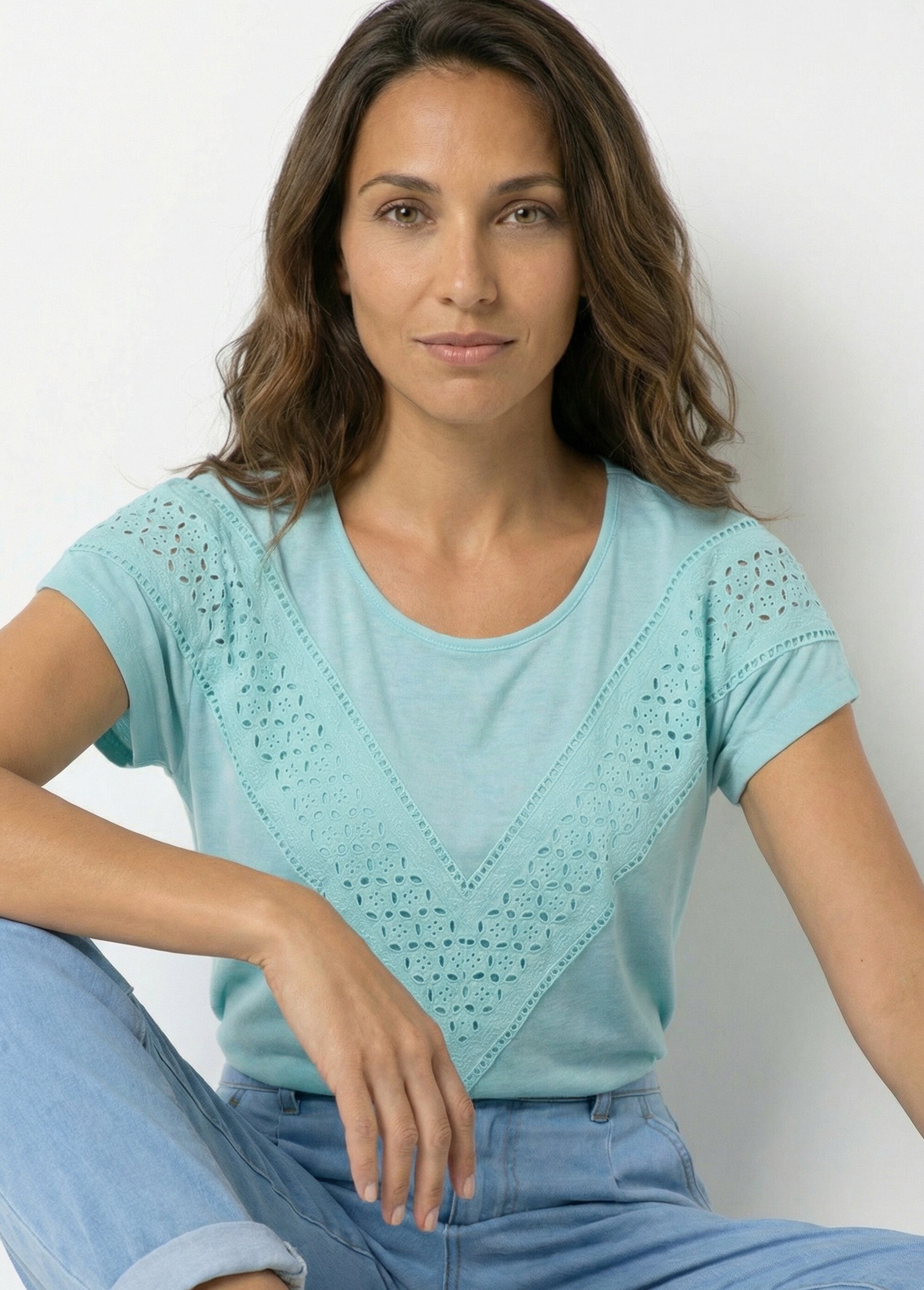 T-shirt uni col rond dentelle manches kimono Femme OPALINE CARIMA MV1