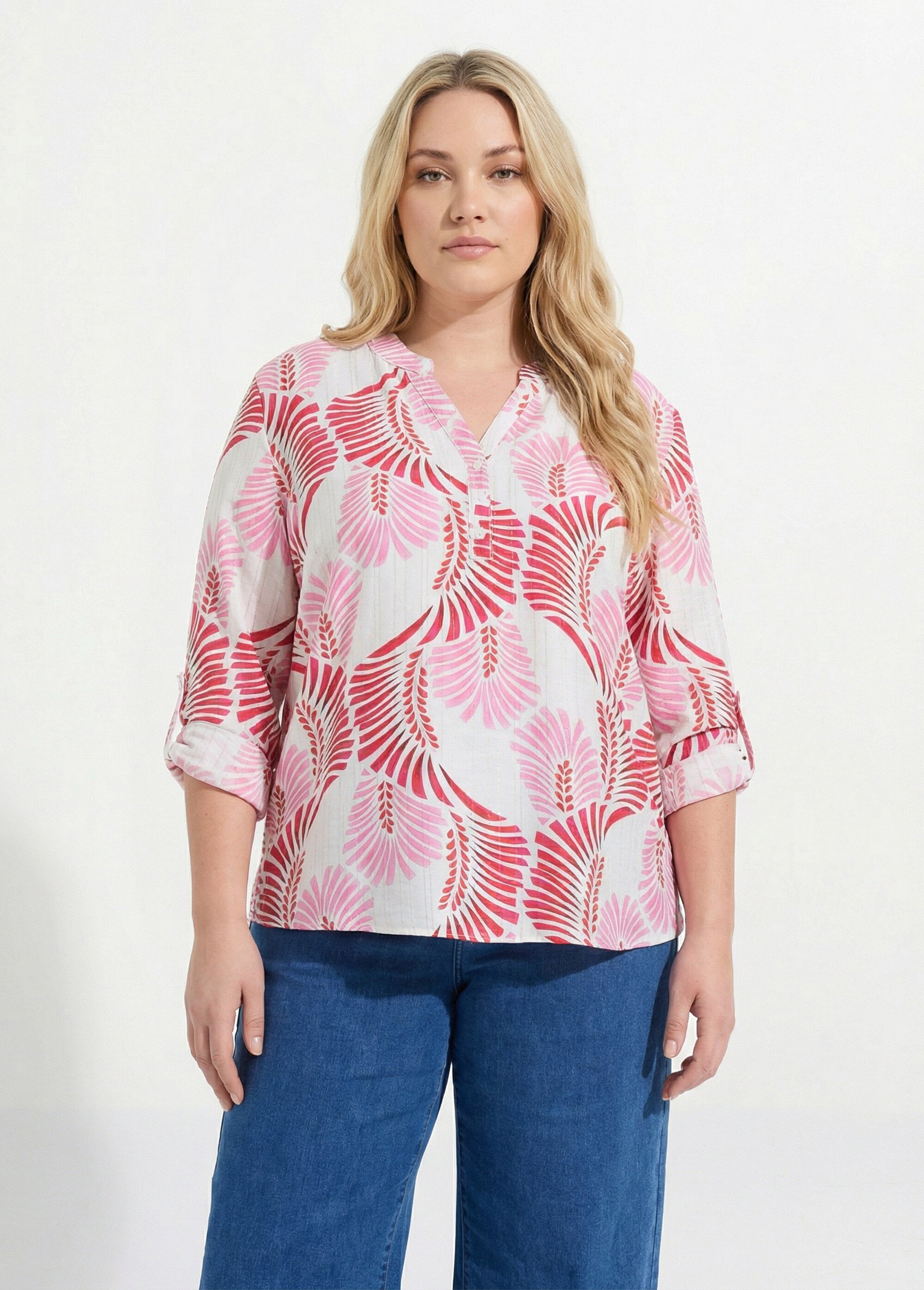 Tunique boutonnée motif feuillage pop Femme Grande Taille Rose CHY-F669 FA1