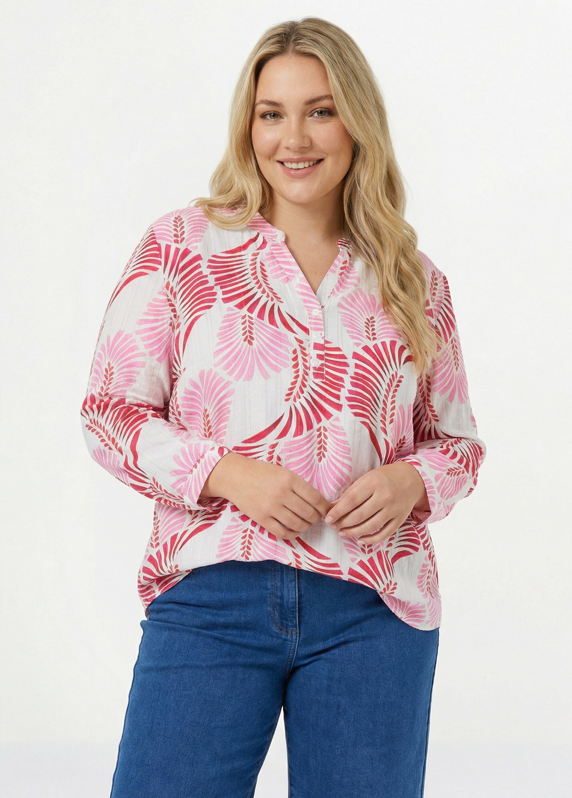 Tunique boutonnée motif feuillage pop Femme Grande Taille Rose CHY-F669 FA2