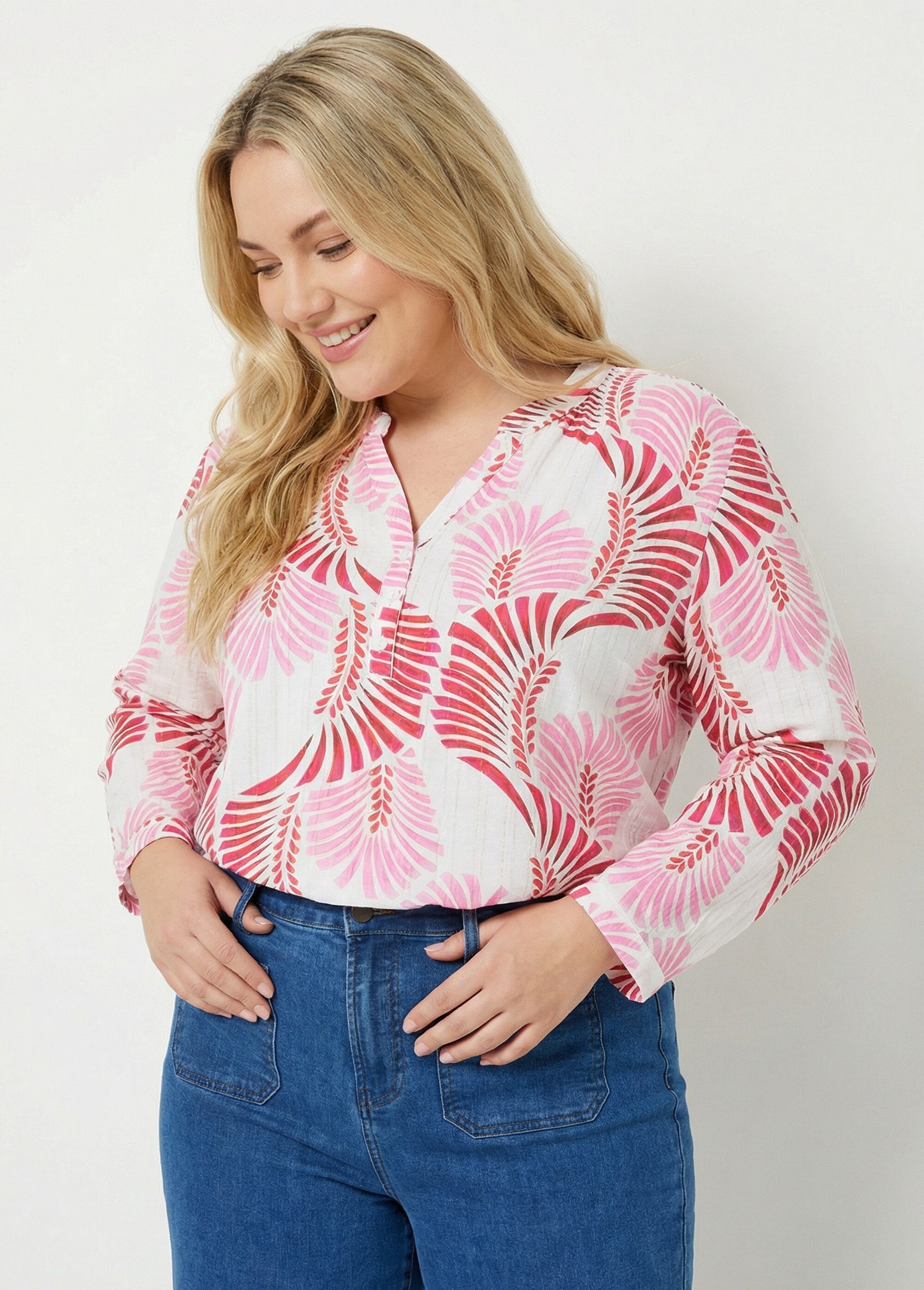 Tunique boutonnée motif feuillage pop Femme Grande Taille Rose CHY-F669 MV1