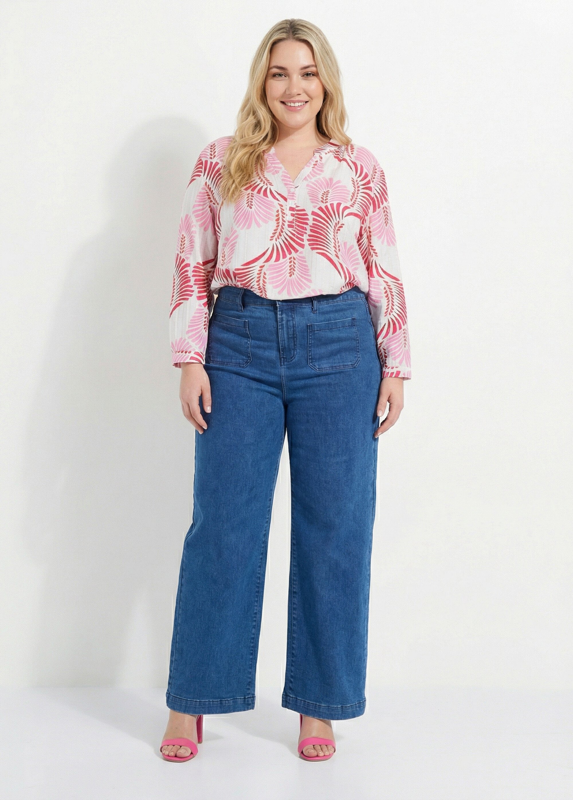 Tunique boutonnée motif feuillage pop Femme Grande Taille Rose CHY-F669 SF1