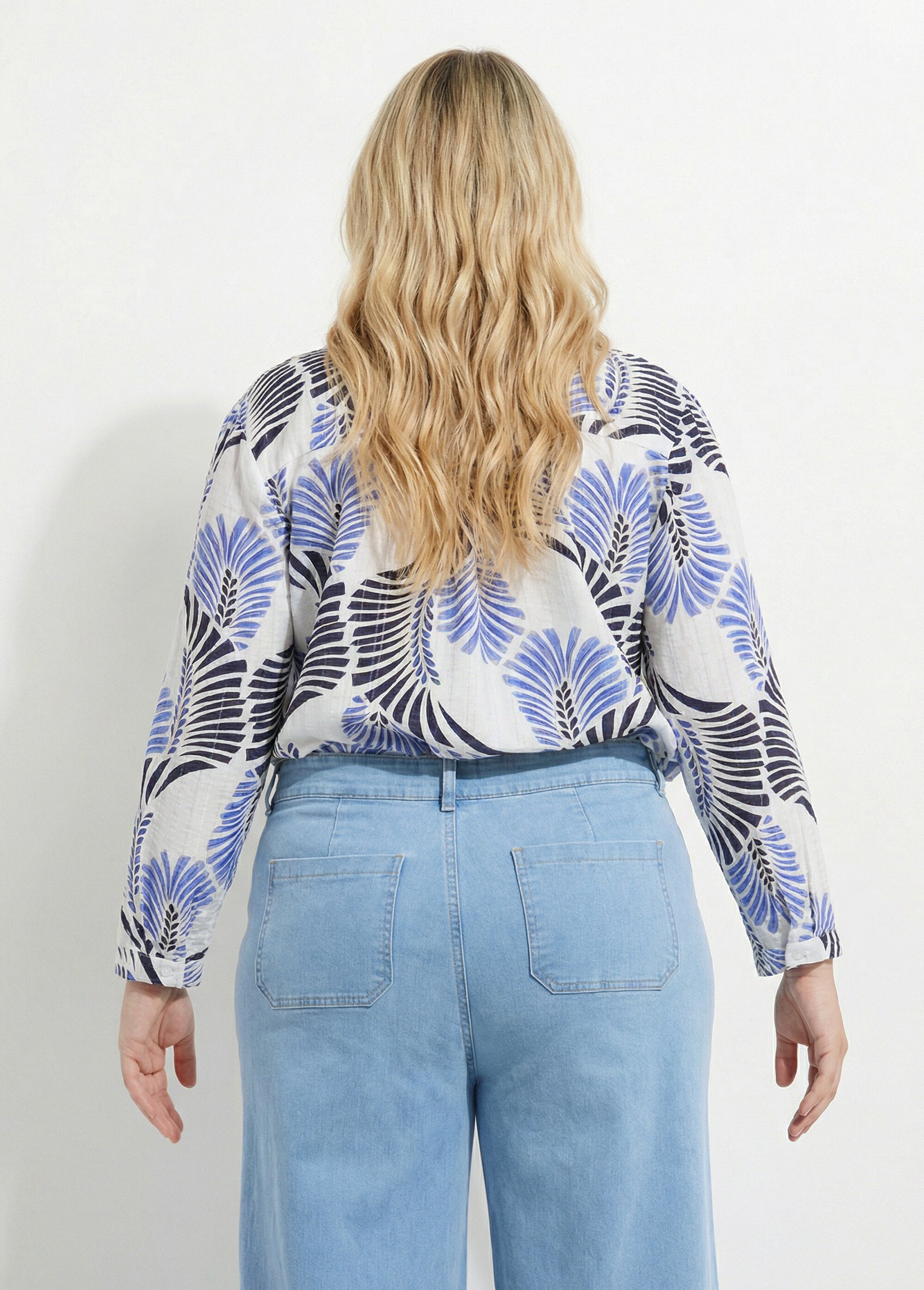 Tunique boutonnée motif feuillage pop Femme Grande Taille Bleu CHY-F669 DO1