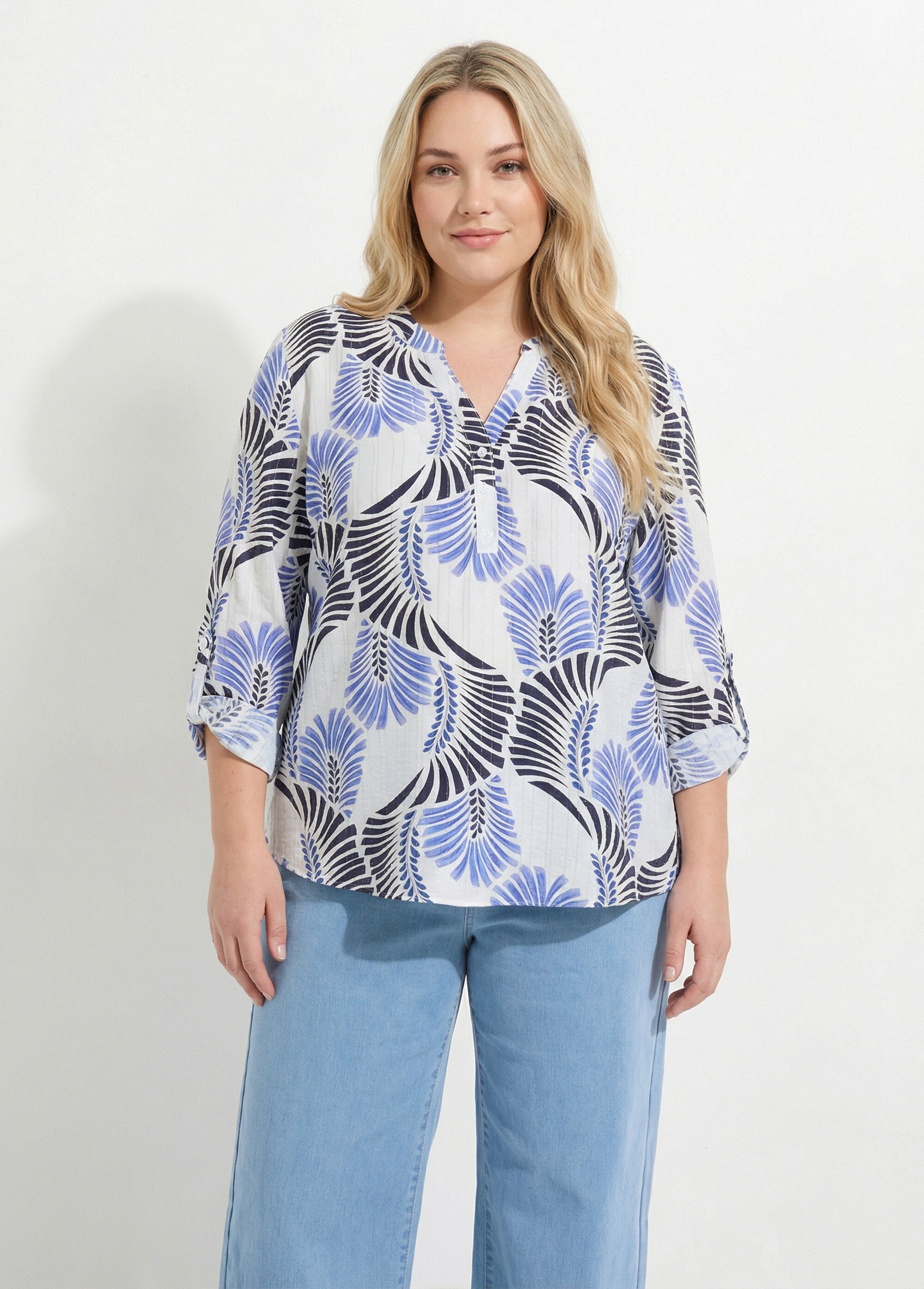 Tunique boutonnée motif feuillage pop Femme Grande Taille Bleu CHY-F669 FA1