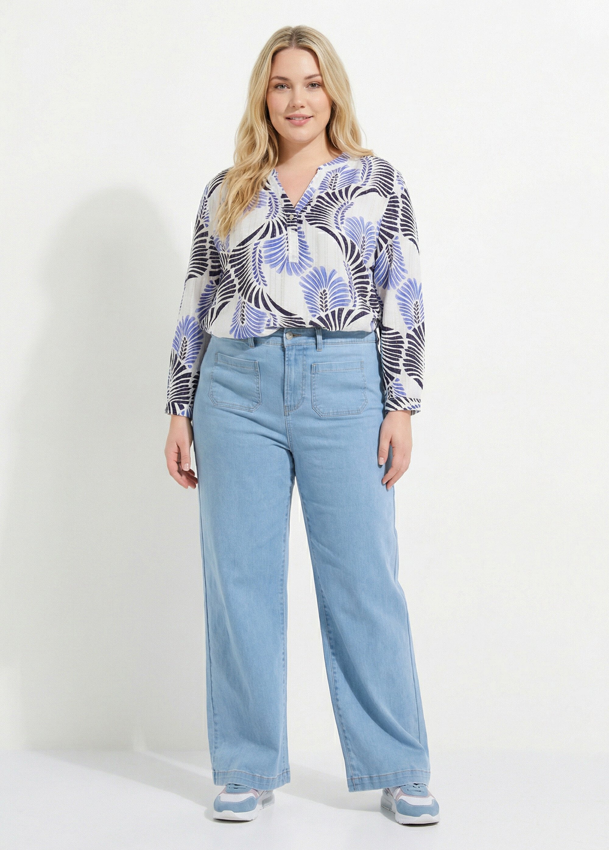 Tunique boutonnée motif feuillage pop Femme Grande Taille Bleu CHY-F669 SF1