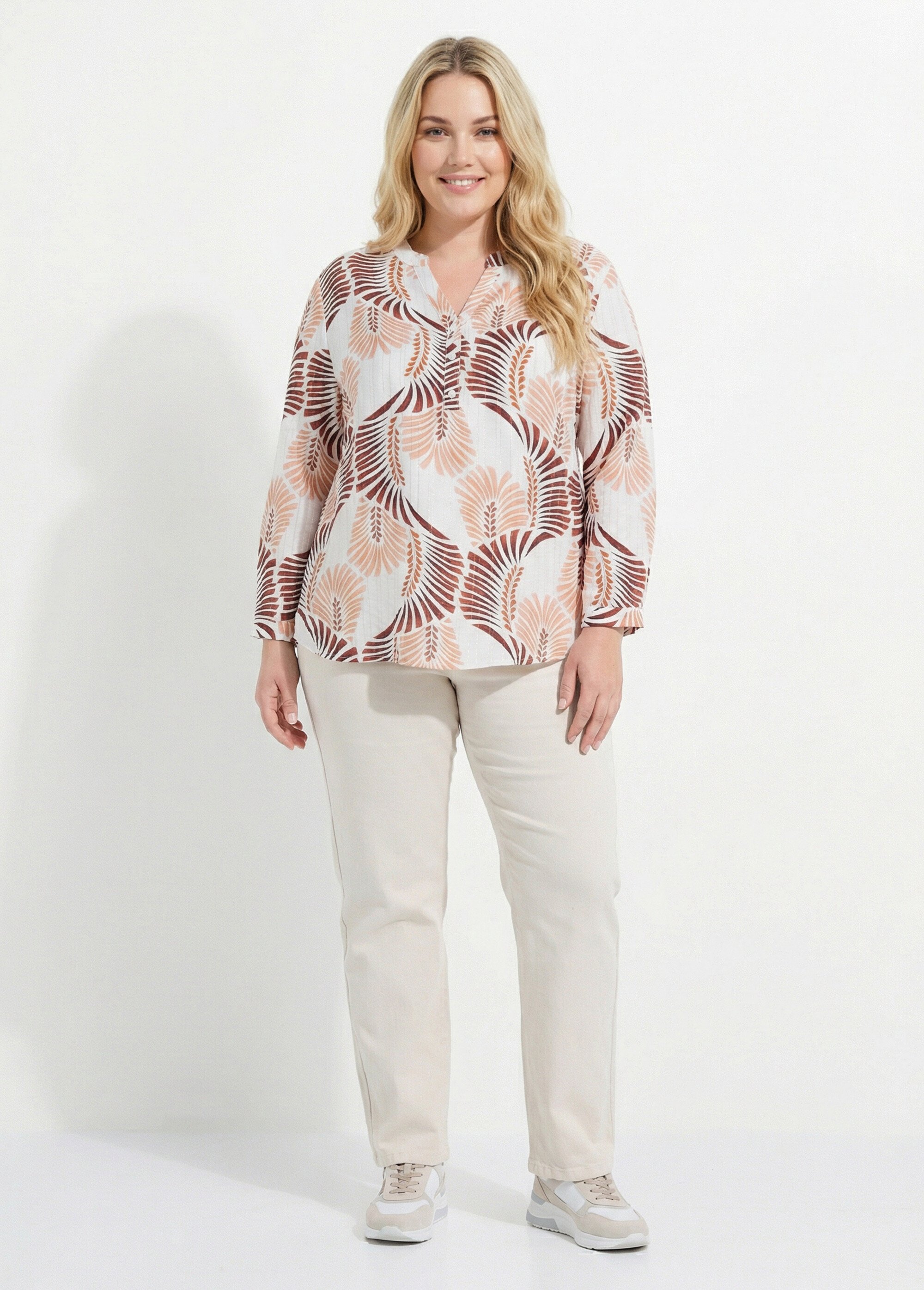 Tunique boutonnée motif feuillage pop Femme Grande Taille Marron CHY-F669 SF1