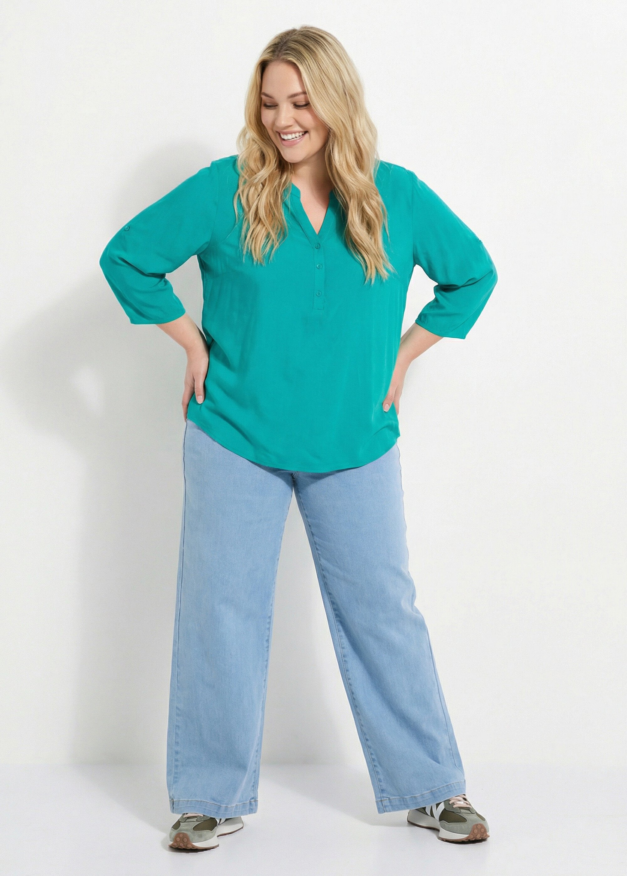 Tunique col tunisien et manches 3/4 Femme Grande Taille Vert CHY-1876 SI1