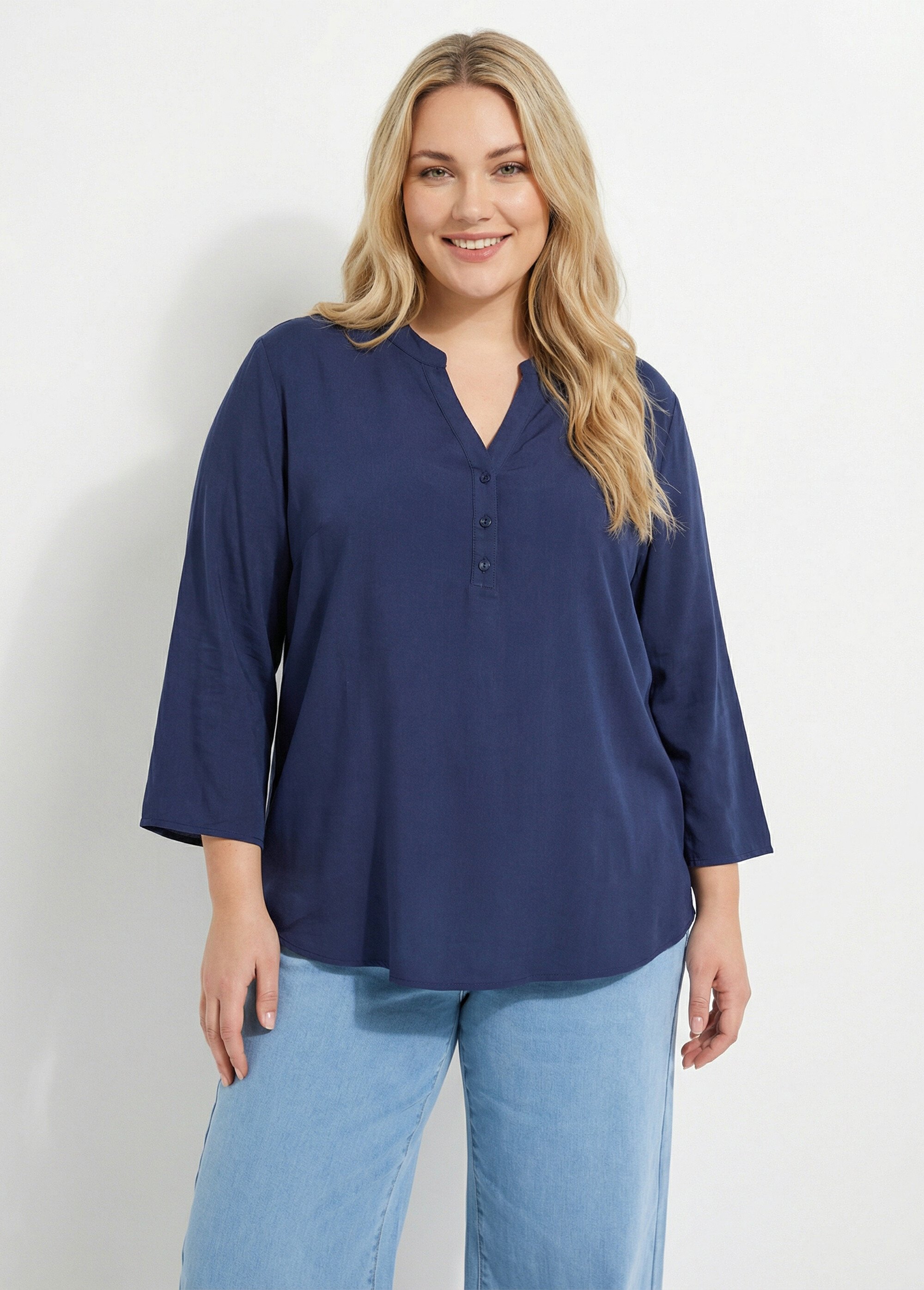 Tunique col tunisien et manches 3/4 Femme Grande Taille Bleu CHY-1876 FA1