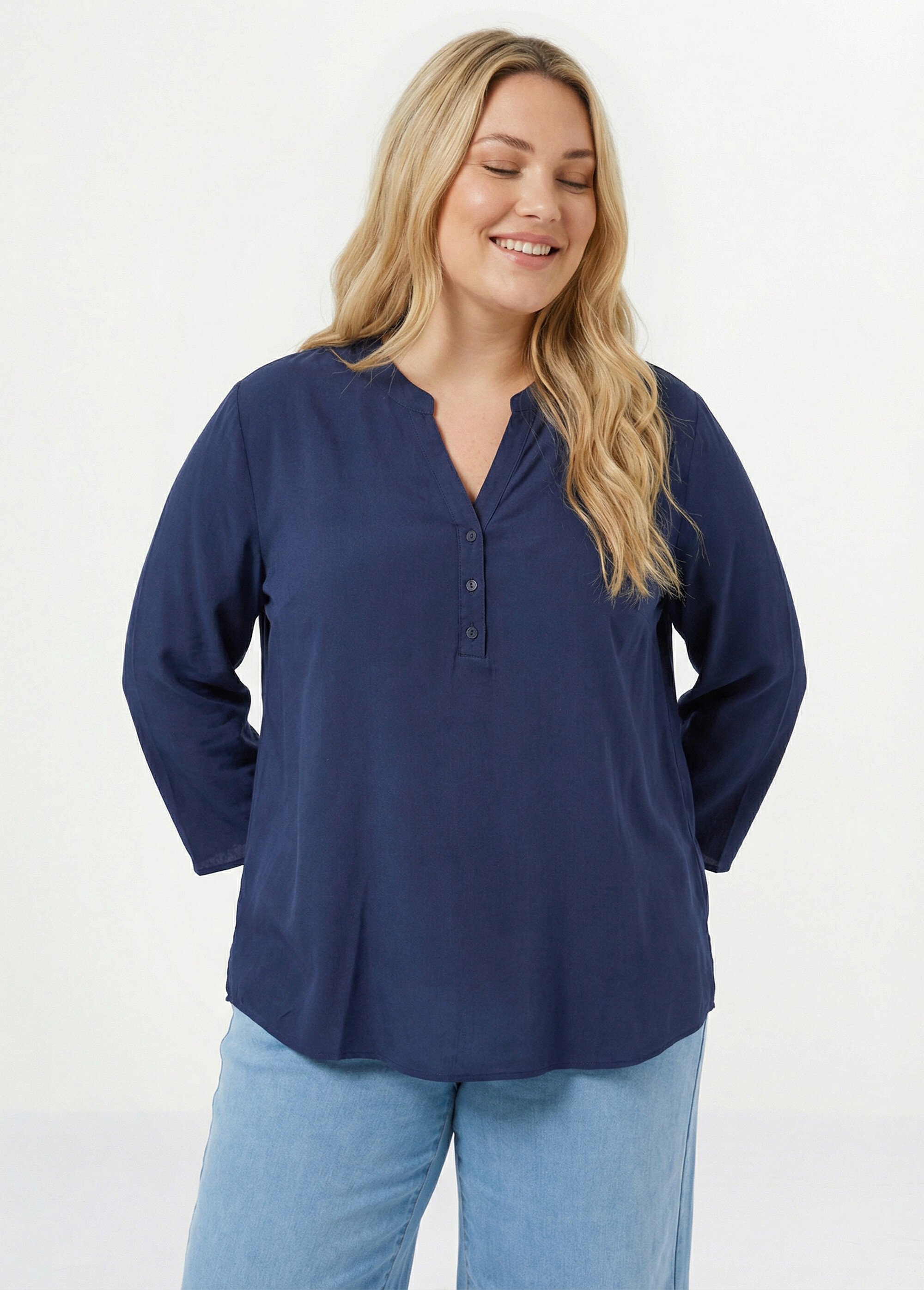 Tunique col tunisien et manches 3/4 Femme Grande Taille Bleu CHY-1876 MV1