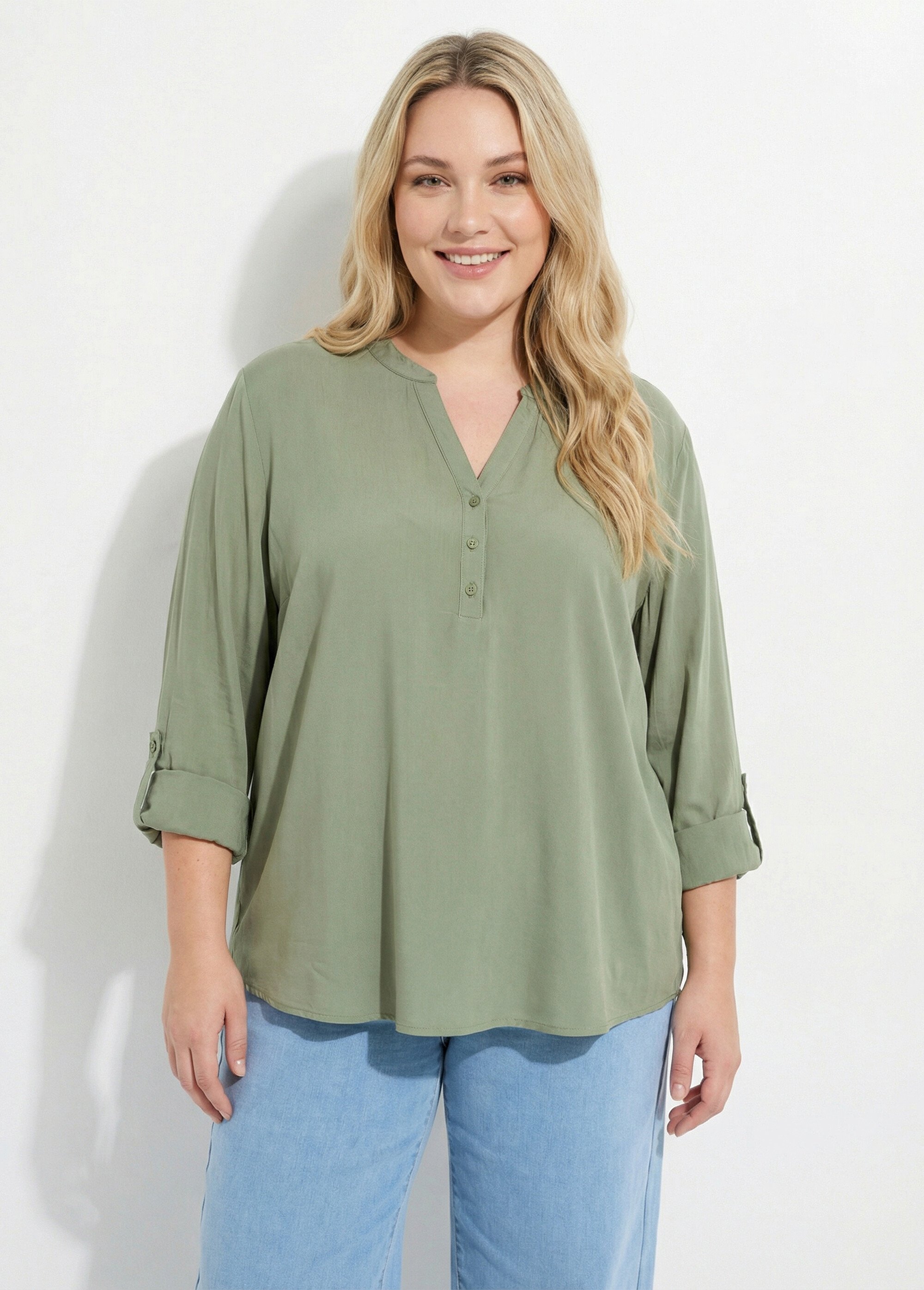 Tunique col tunisien et manches 3/4 Femme Grande Taille Vert CHY-1876 FA1