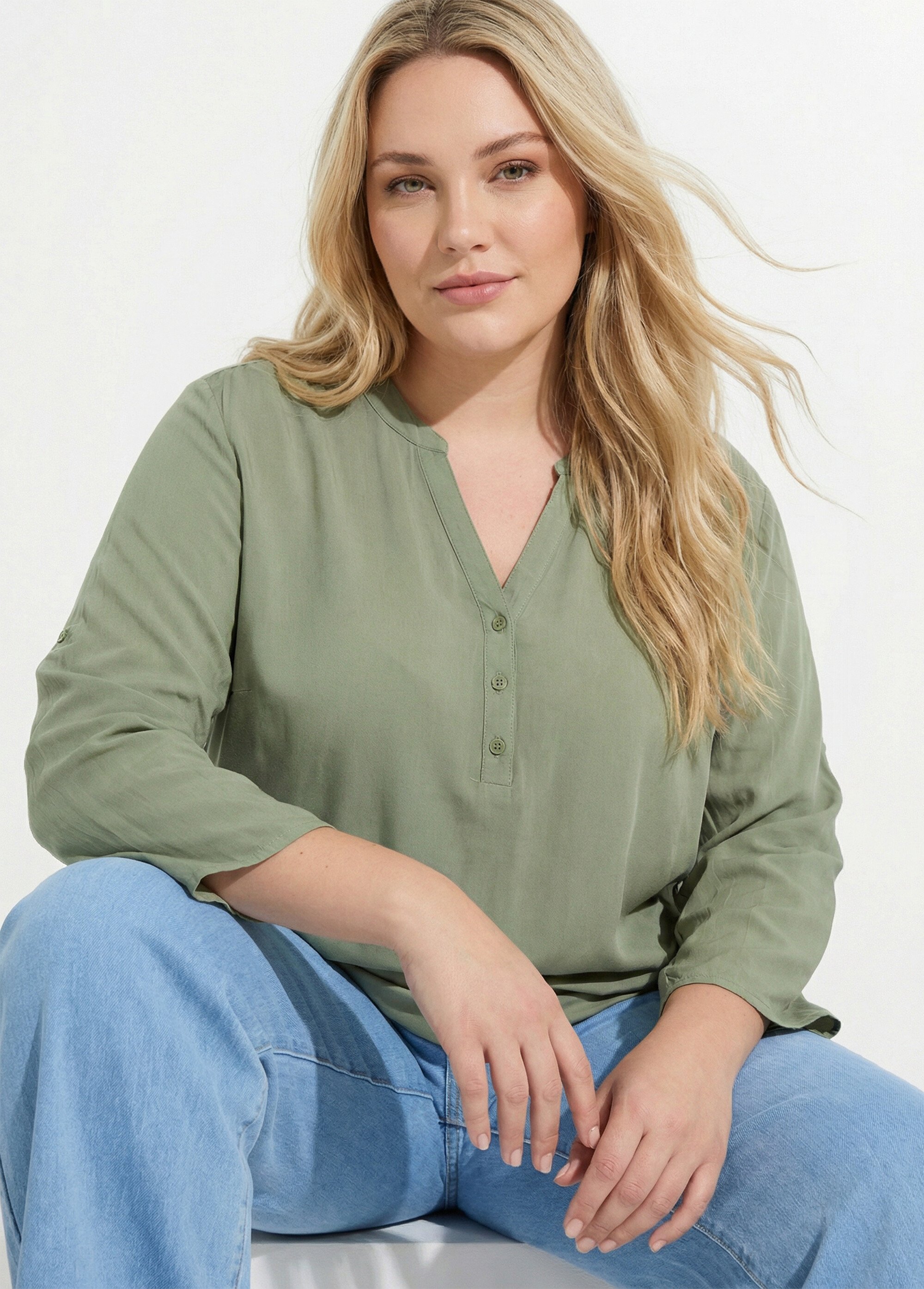 Tunique col tunisien et manches 3/4 Femme Grande Taille Vert CHY-1876 MV1