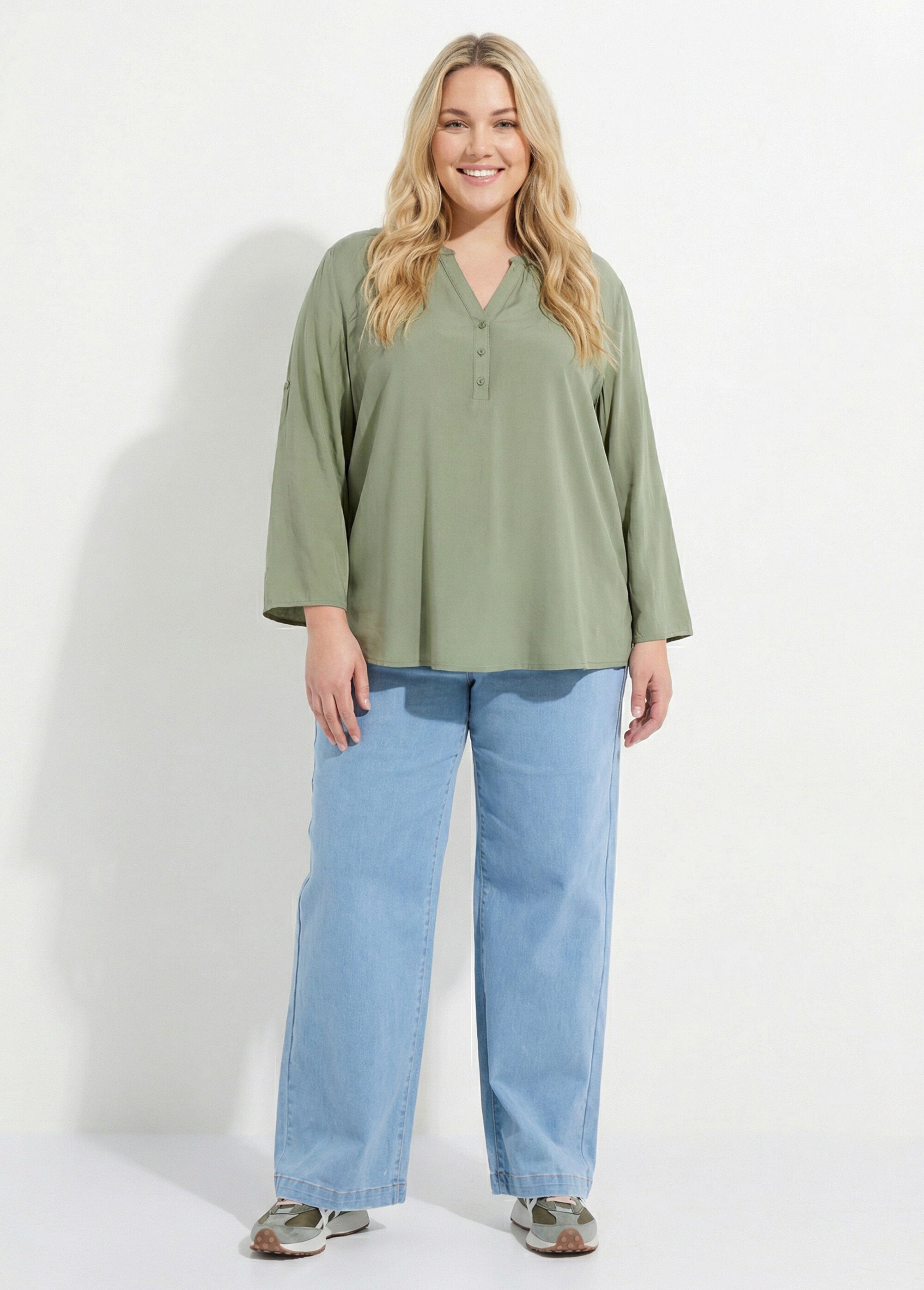 Tunique col tunisien et manches 3/4 Femme Grande Taille Vert CHY-1876 SF1