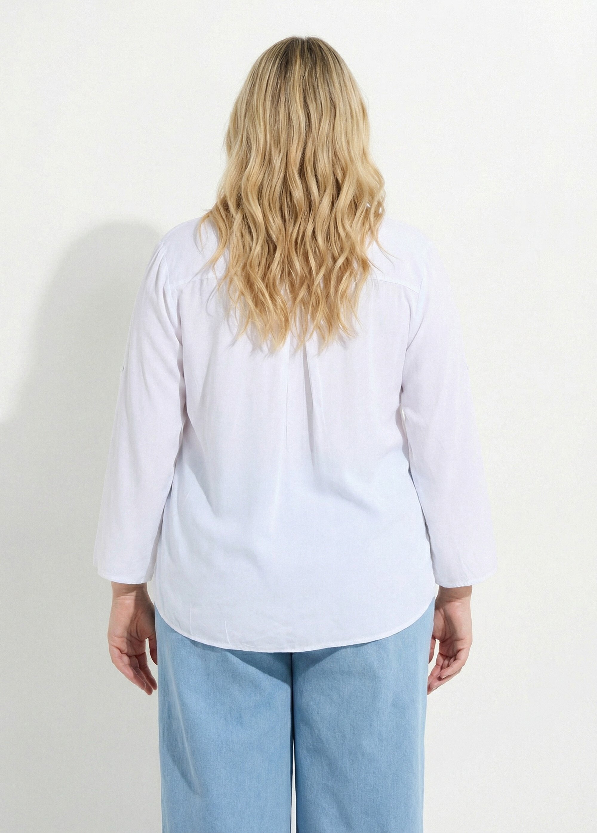 Tunique col tunisien et manches 3/4 Femme Grande Taille Blanc CHY-1876 DO1