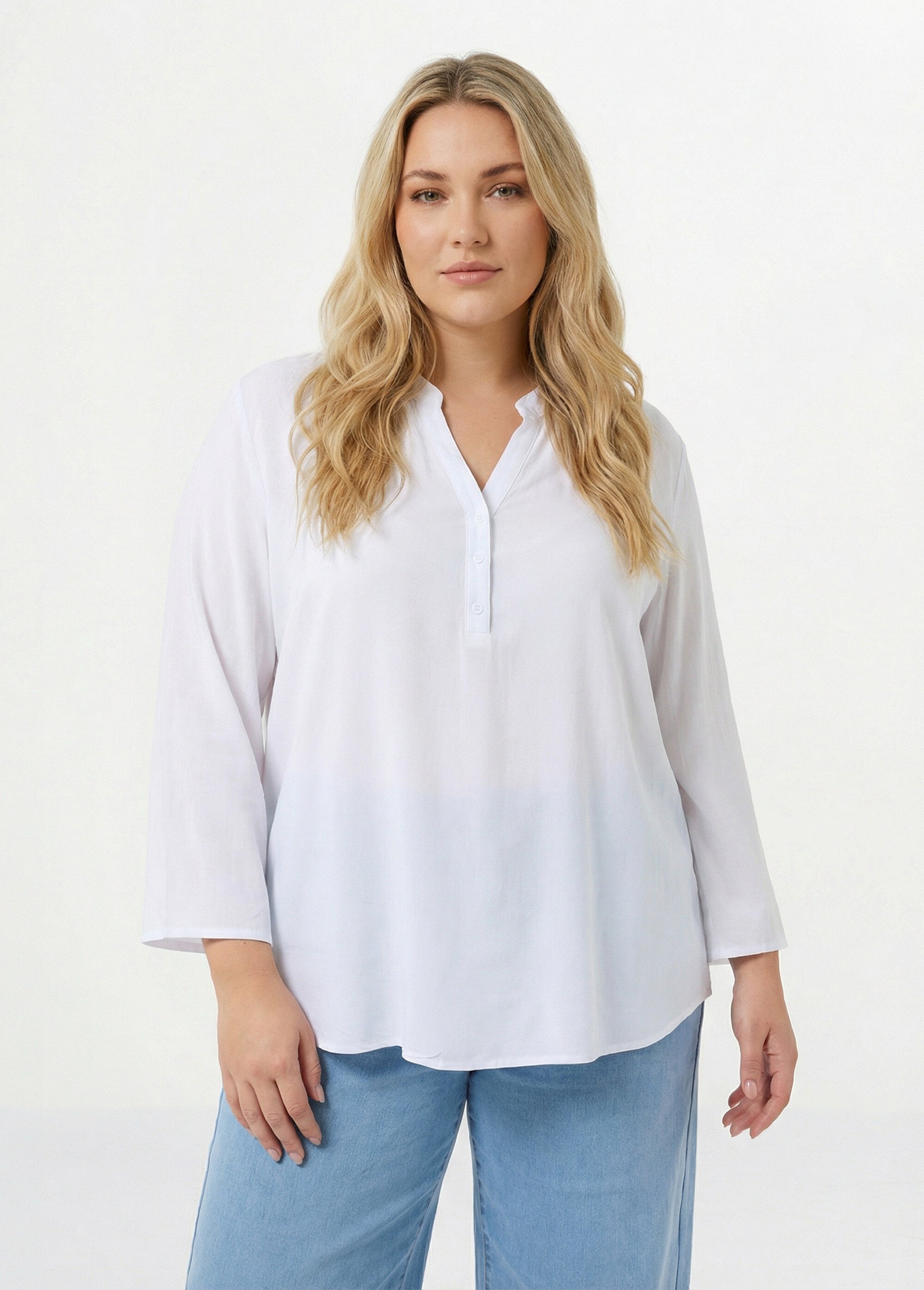 Tunique col tunisien et manches 3/4 Femme Grande Taille Blanc CHY-1876 FA1