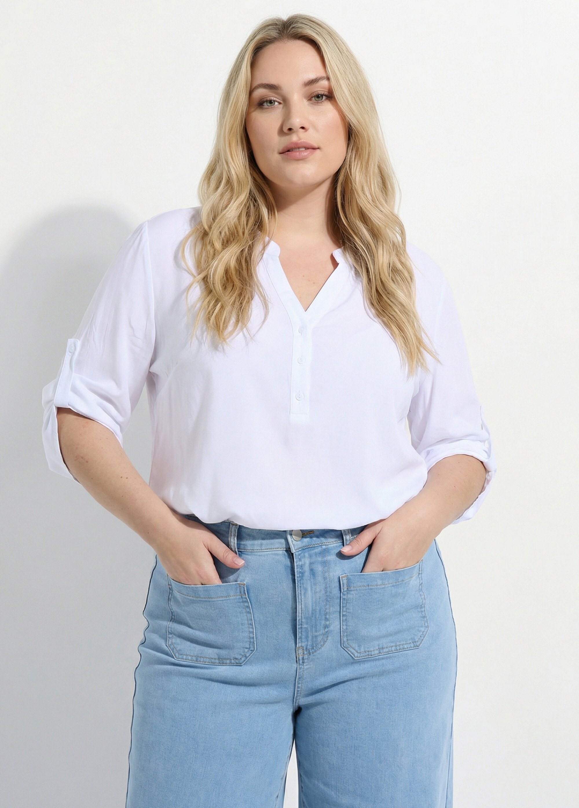 Tunique col tunisien et manches 3/4 Femme Grande Taille Blanc CHY-1876 MV1