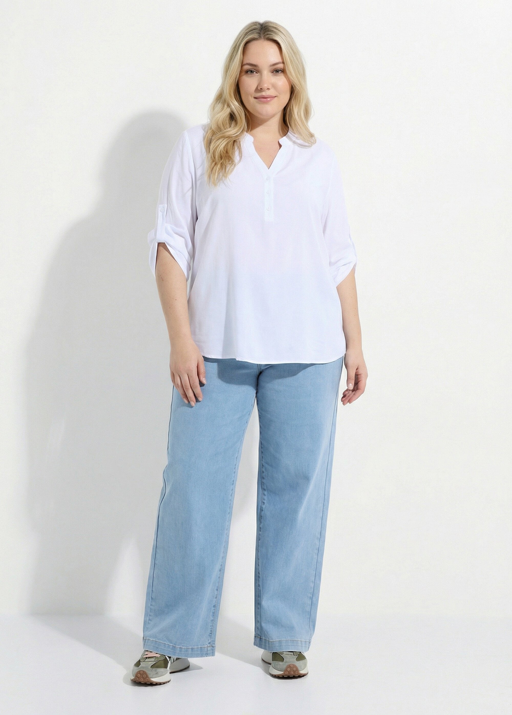 Tunique col tunisien et manches 3/4 Femme Grande Taille Blanc CHY-1876 SF1