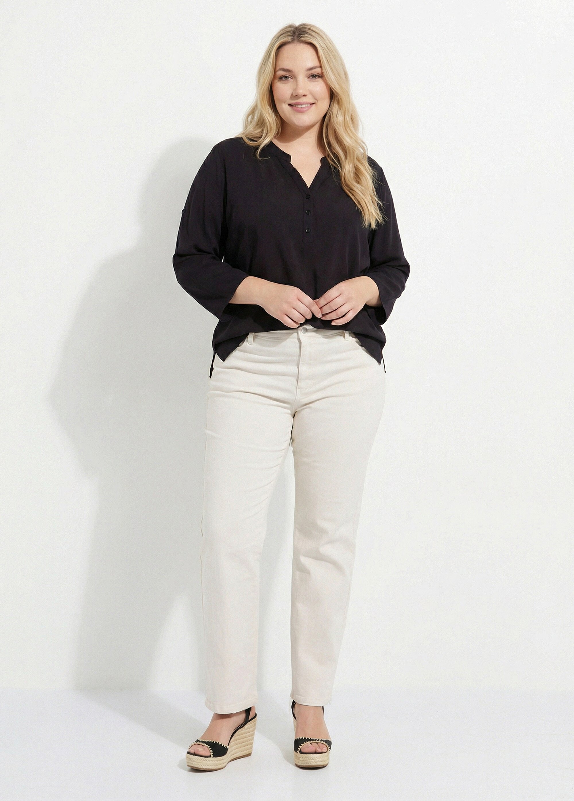 Tunique col tunisien et manches 3/4 Femme Grande Taille Noir CHY-1876 SI1