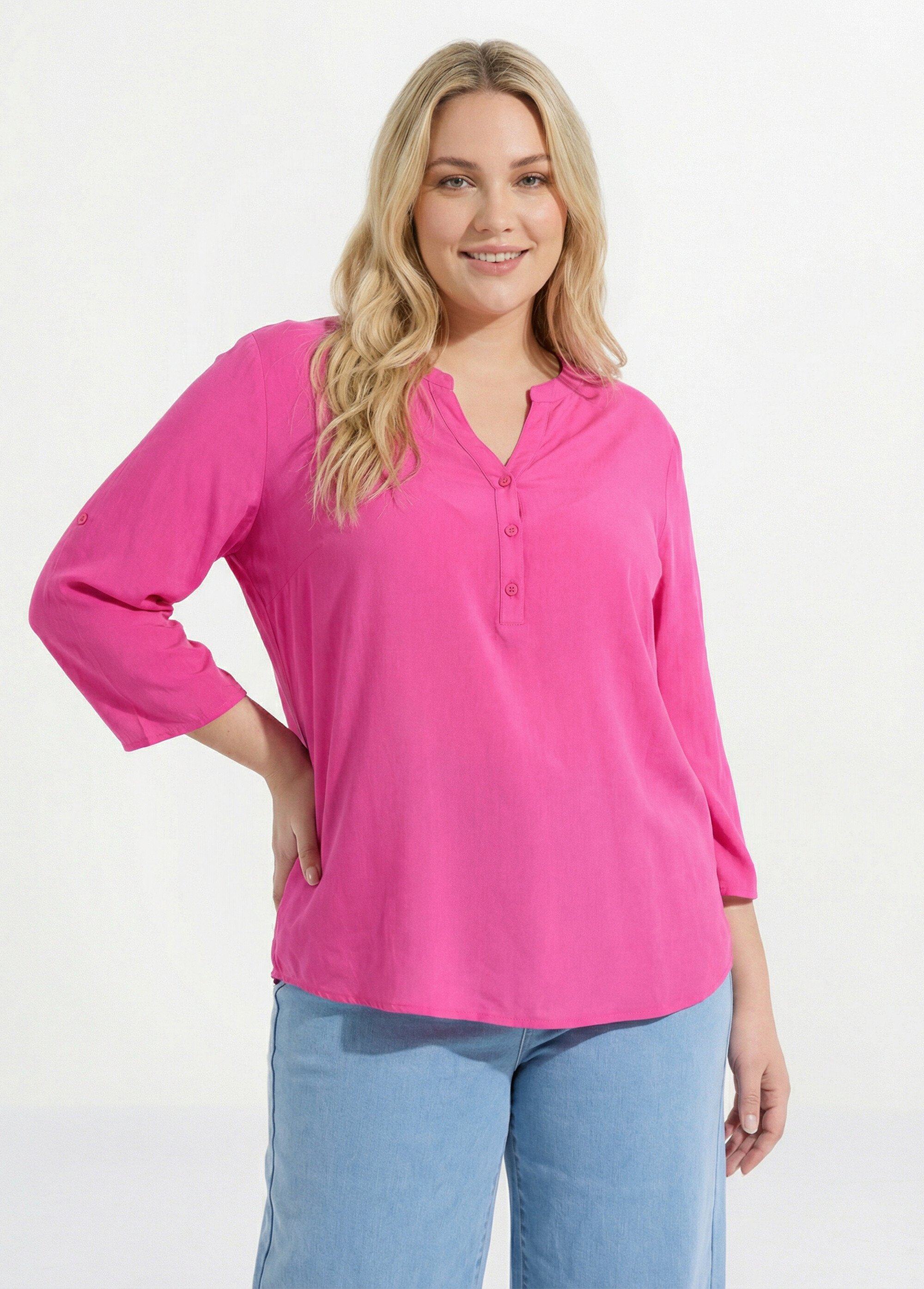 Tunique col tunisien et manches 3/4 Femme Grande Taille Rose CHY-1876 FA1