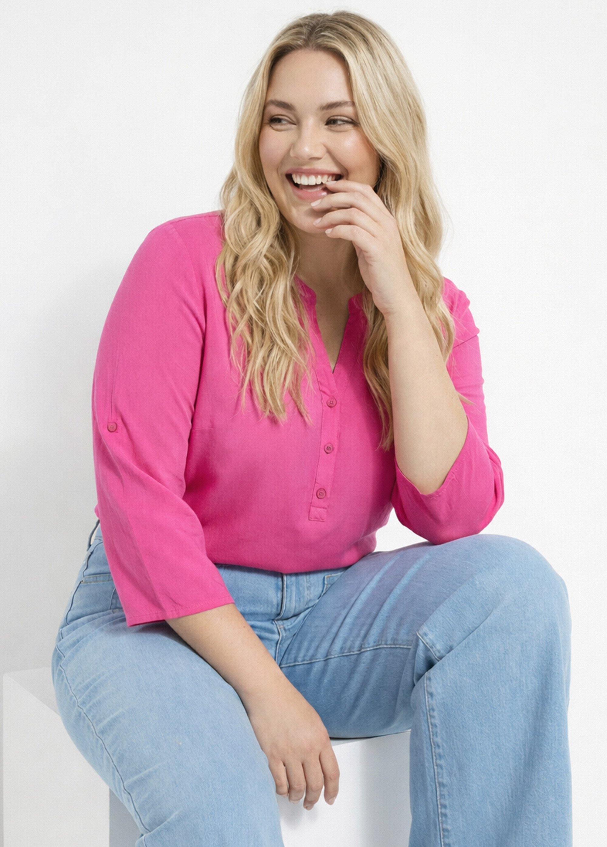 Tunique col tunisien et manches 3/4 Femme Grande Taille Rose CHY-1876 MV1