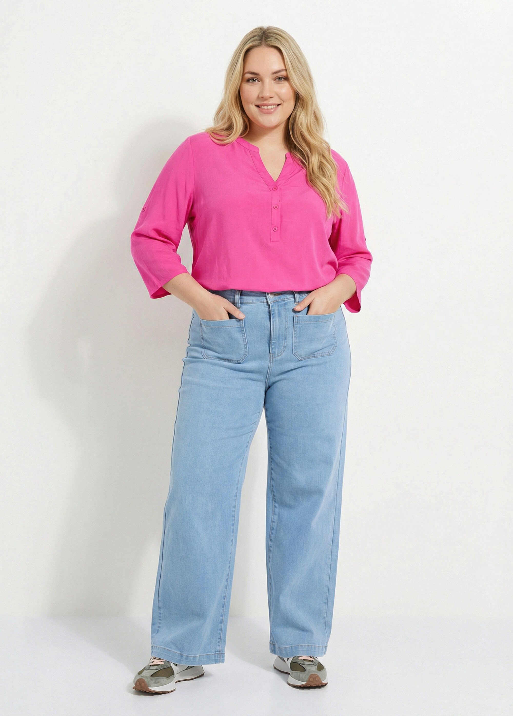 Tunique col tunisien et manches 3/4 Femme Grande Taille Rose CHY-1876 SI1