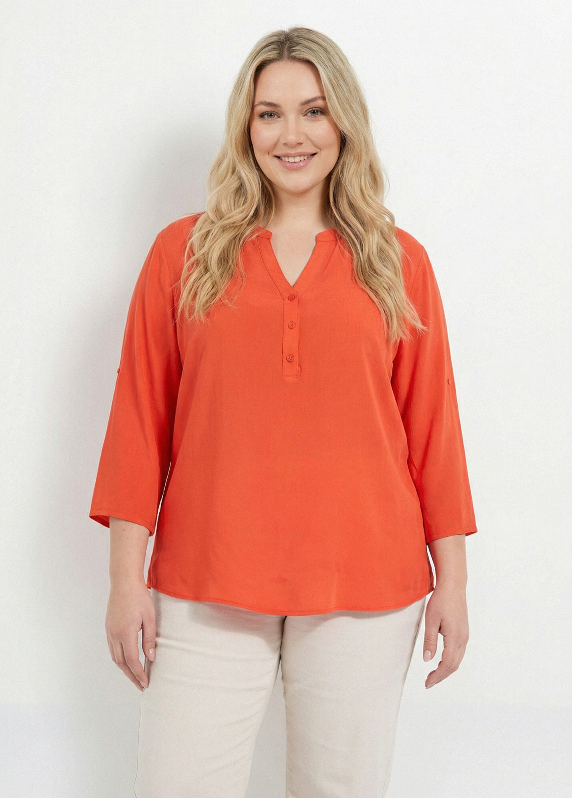 Tunique col tunisien et manches 3/4 Femme Grande Taille Rose CHY-1876 FA1