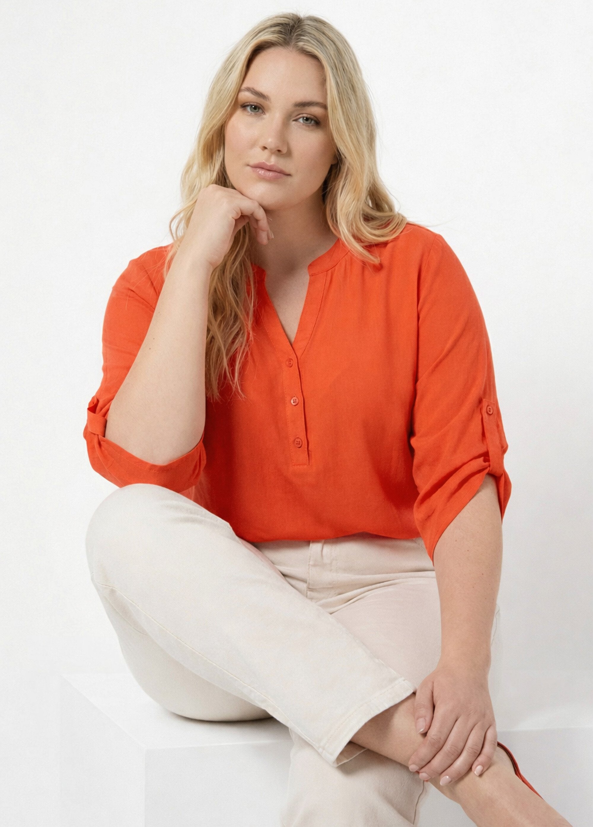 Tunique col tunisien et manches 3/4 Femme Grande Taille Rose CHY-1876 MV1