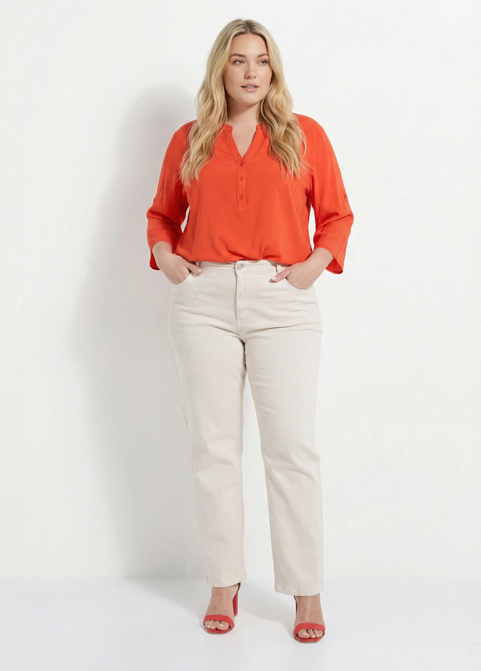 Tunique col tunisien et manches 3/4 Femme Grande Taille Rose CHY-1876 SI1