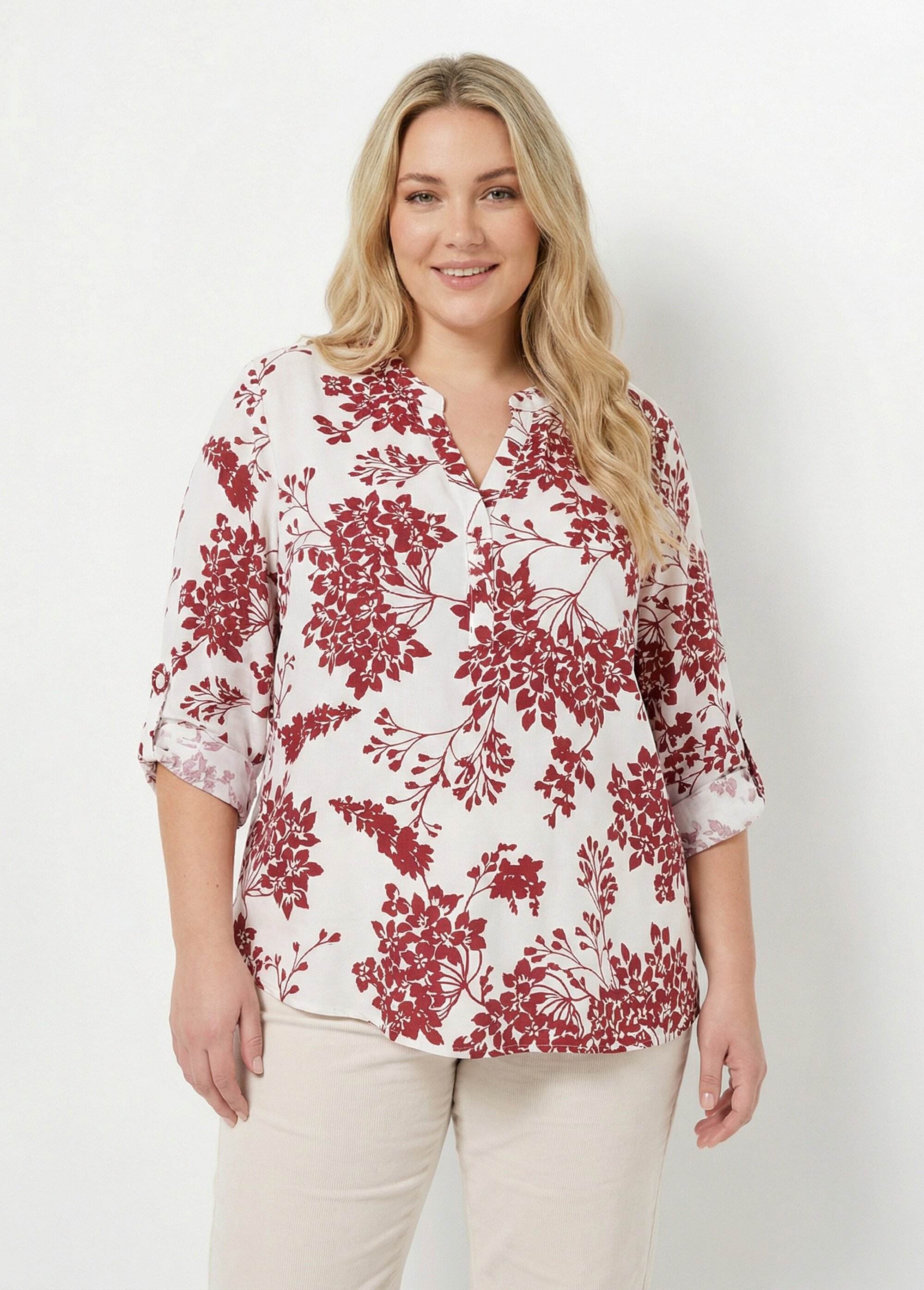 Tunique col tunisien motif hortensias Femme Grande Taille Beige CHY-F641 FA1