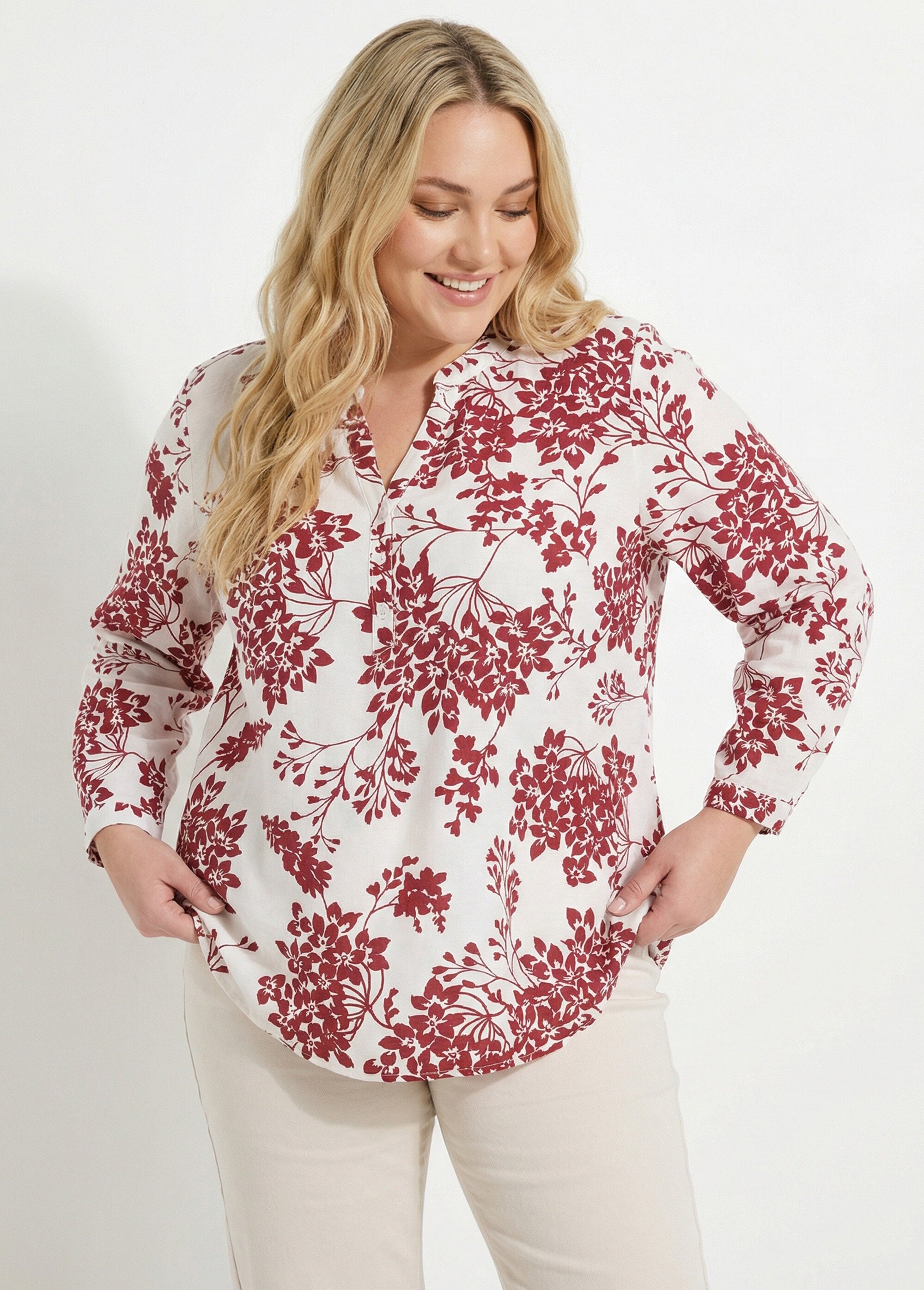 Tunique col tunisien motif hortensias Femme Grande Taille Beige CHY-F641 MV1