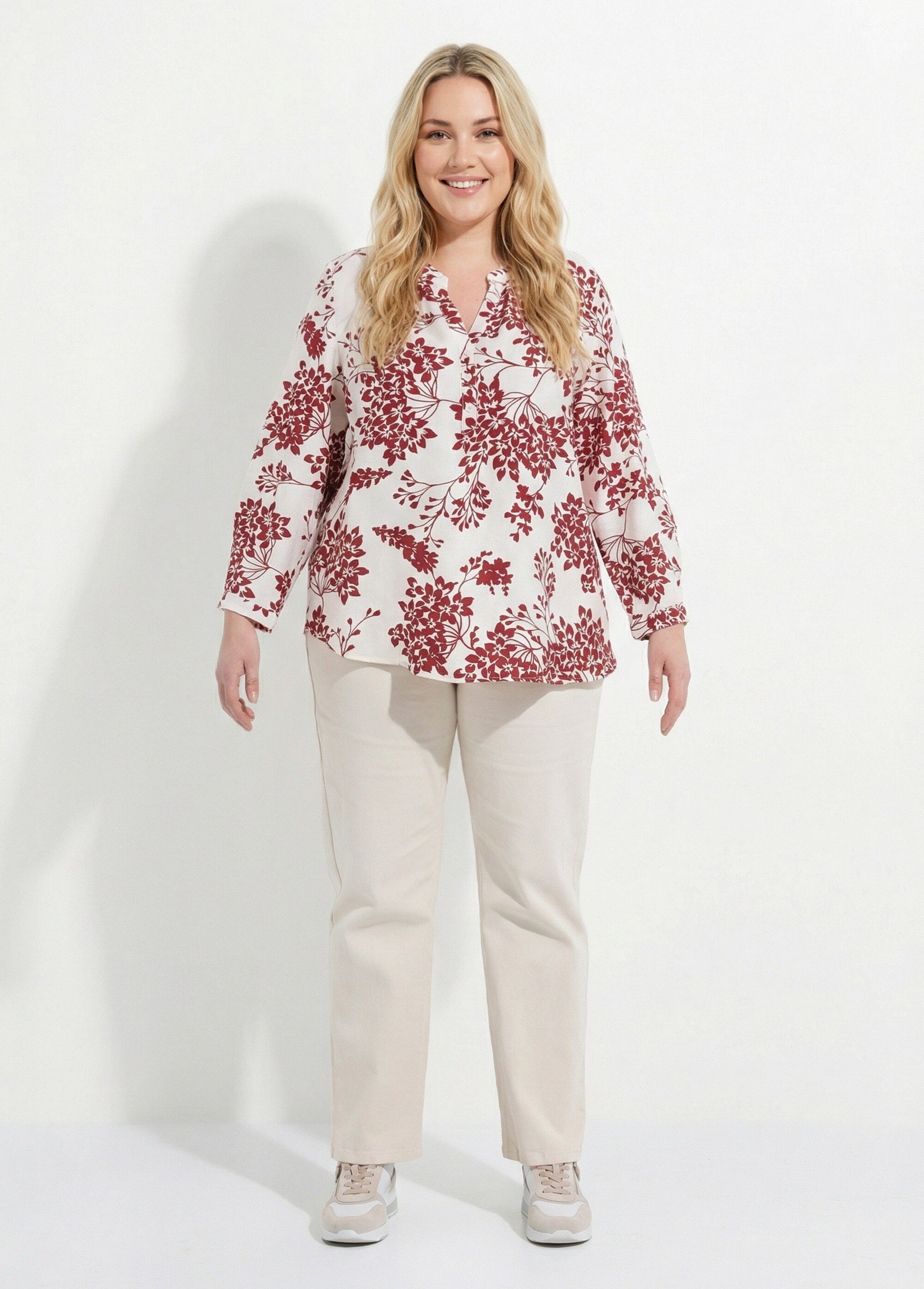 Tunique col tunisien motif hortensias Femme Grande Taille Beige CHY-F641 SF1