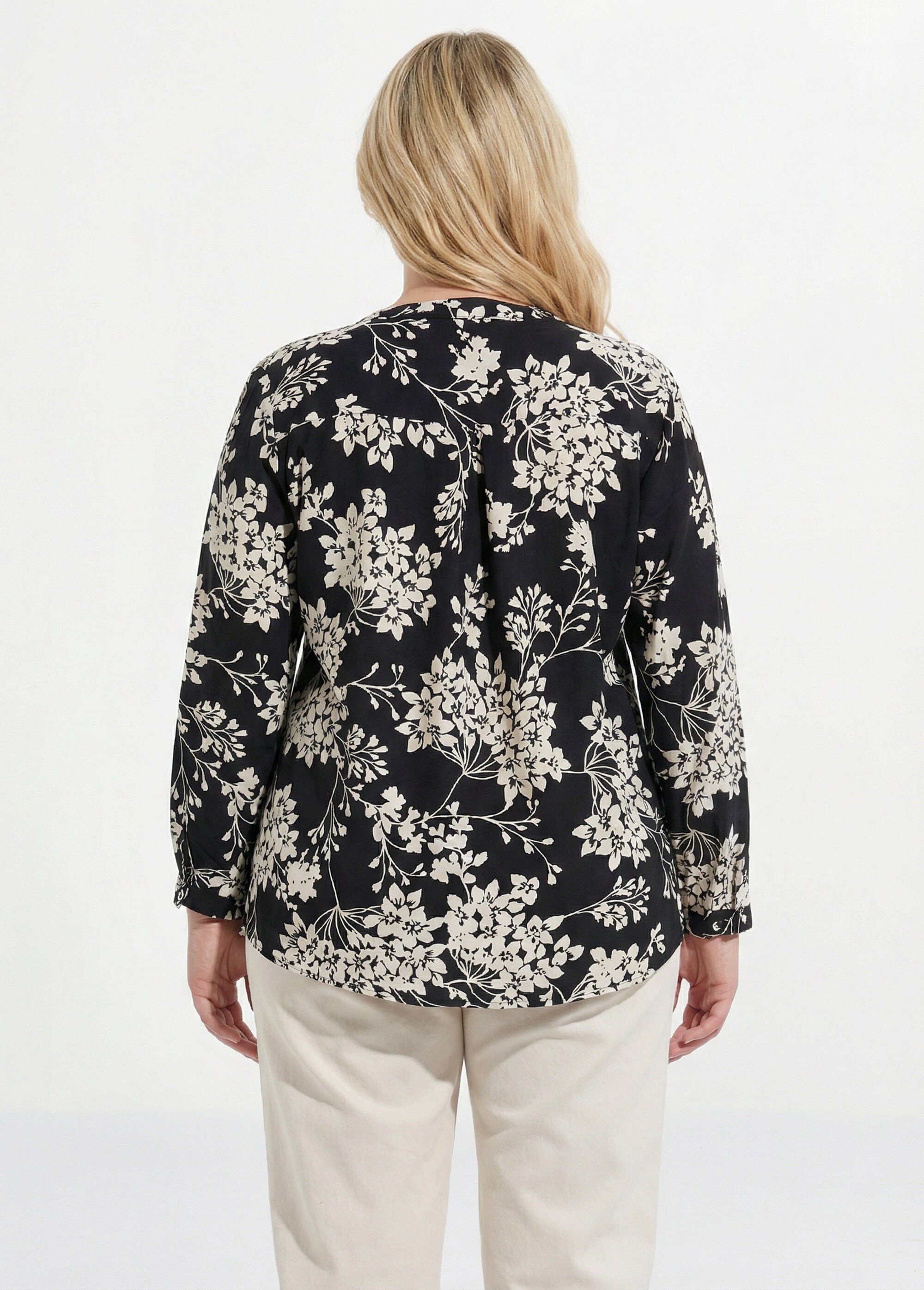 Tunique col tunisien motif hortensias Femme Grande Taille Beige CHY-F641 DO1