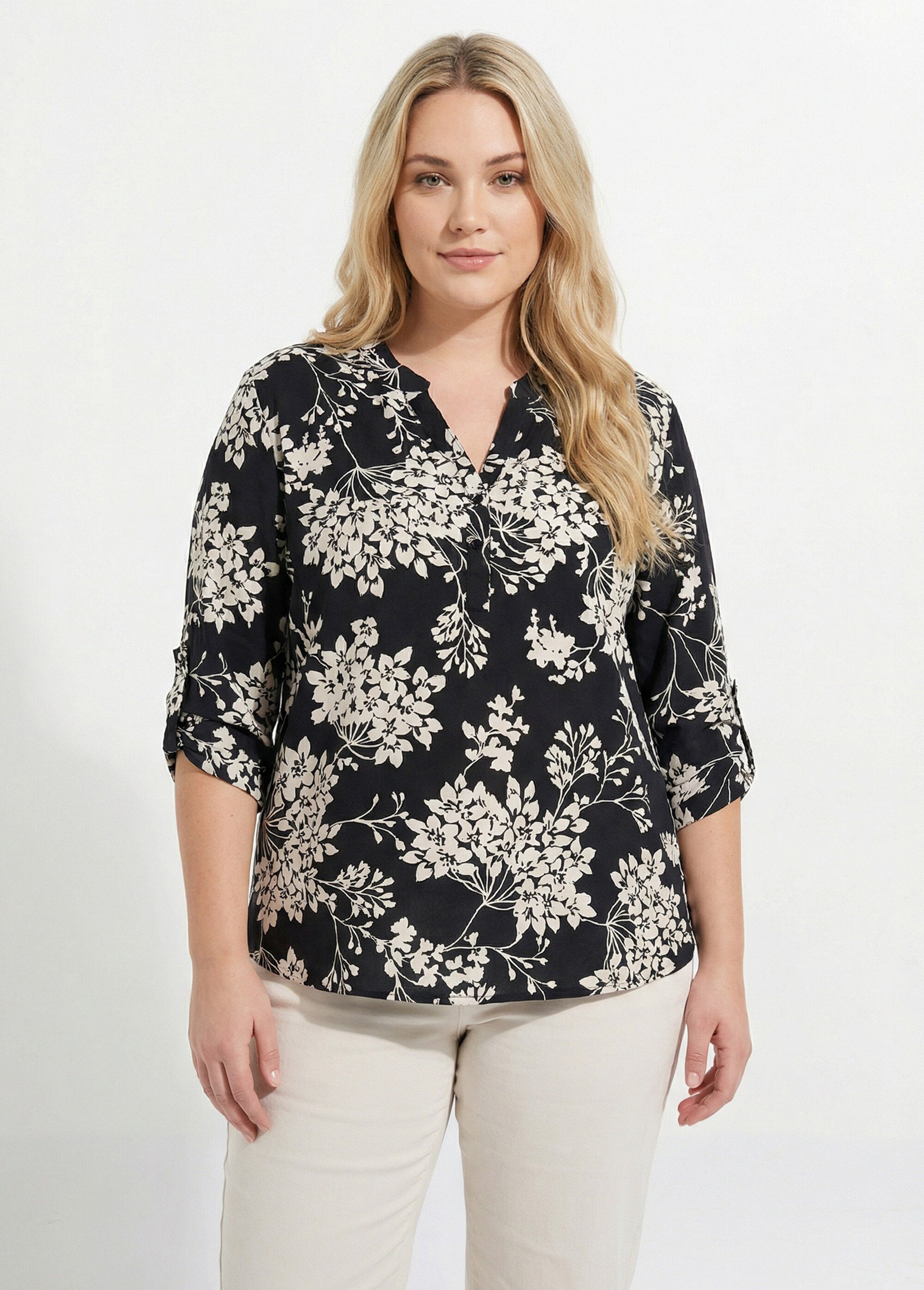 Tunique col tunisien motif hortensias Femme Grande Taille Beige CHY-F641 FA1