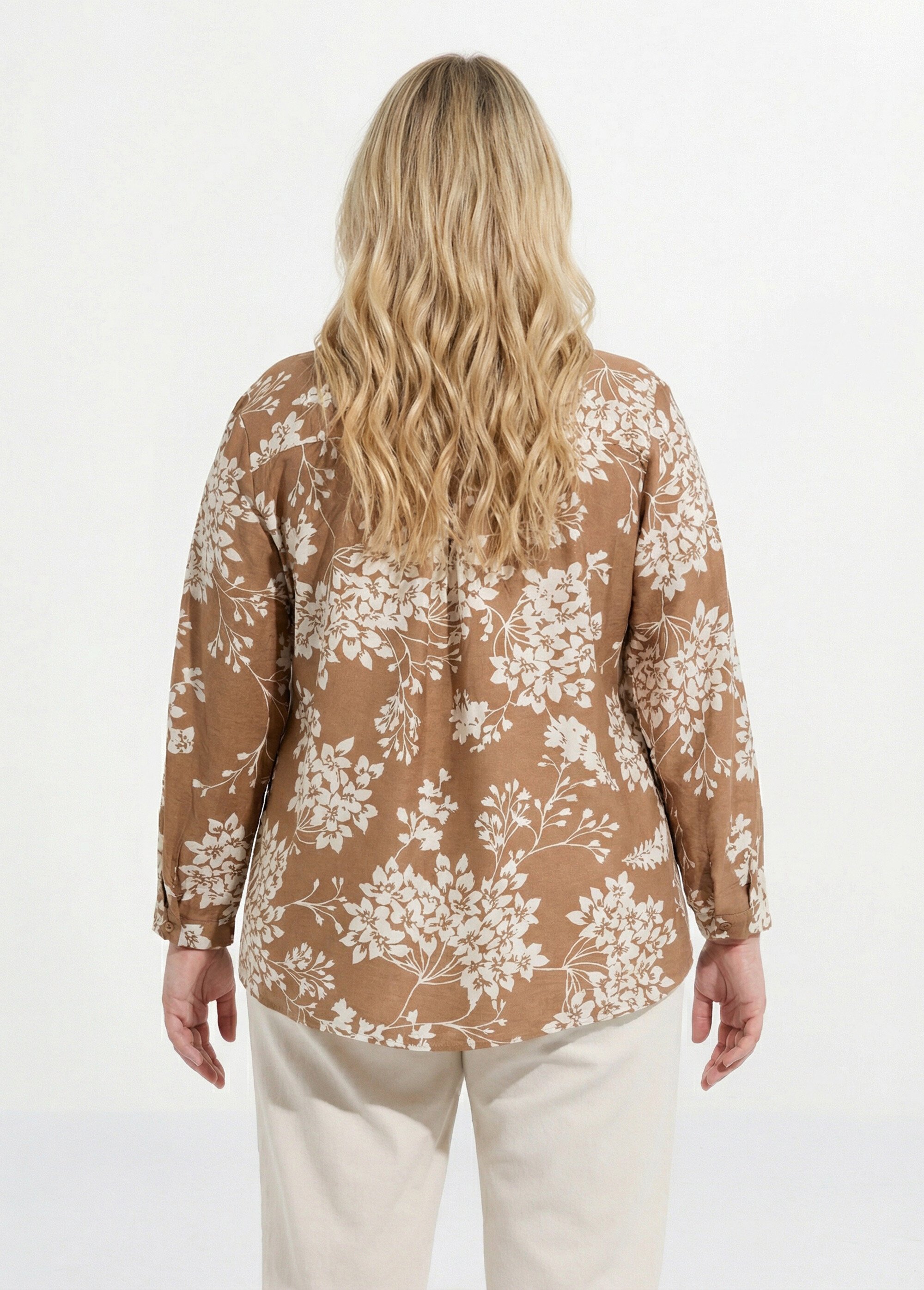 Tunique col tunisien motif hortensias Femme Grande Taille Beige CHY-F641 DO1