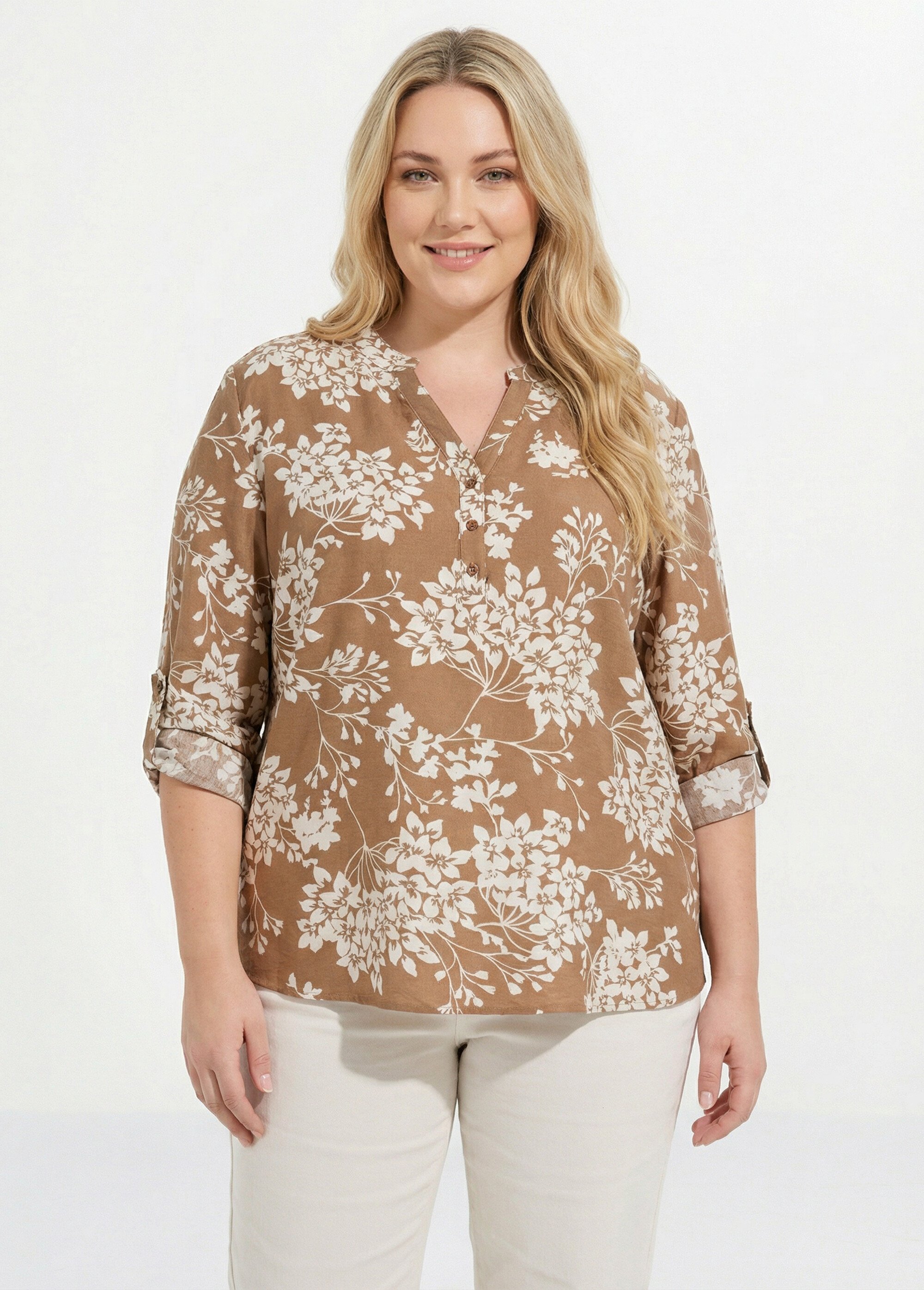 Tunique col tunisien motif hortensias Femme Grande Taille Beige CHY-F641 FA1