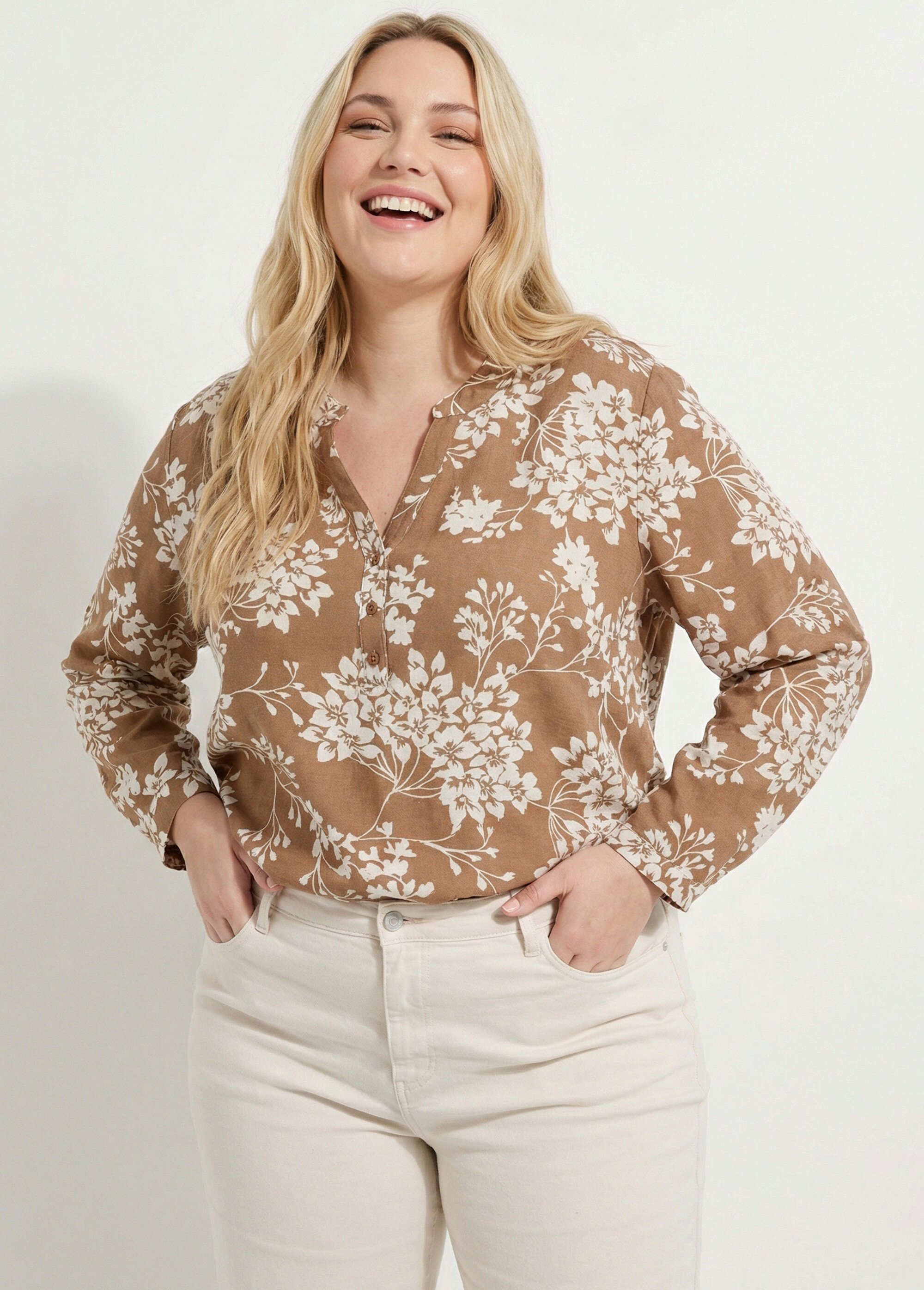 Tunique col tunisien motif hortensias Femme Grande Taille Beige CHY-F641 MV1