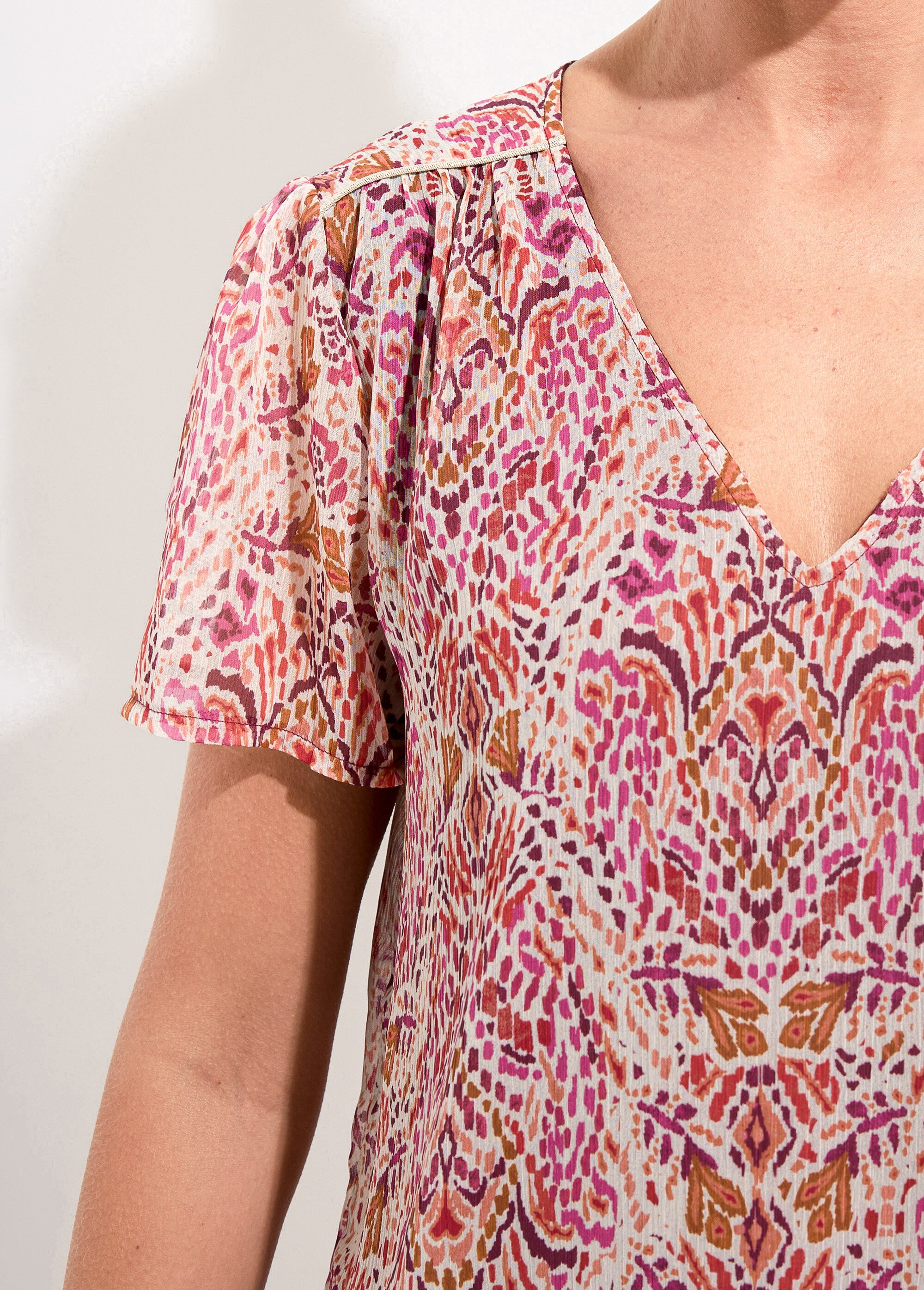 Tunique col V longue en voile imprimé Femme Rose CELAYA DE1