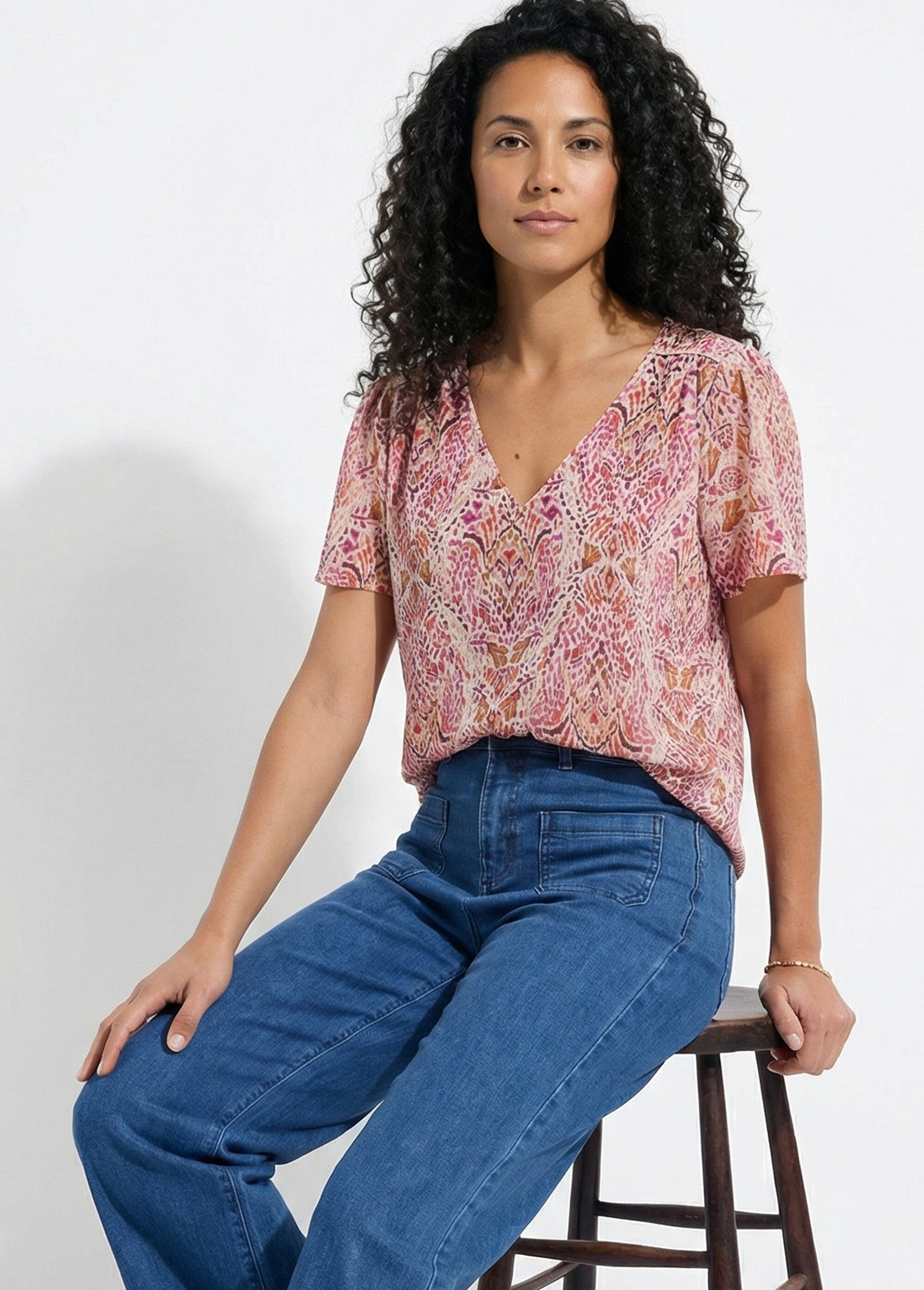 Tunique col V longue en voile imprimé Femme Rose CELAYA MV1