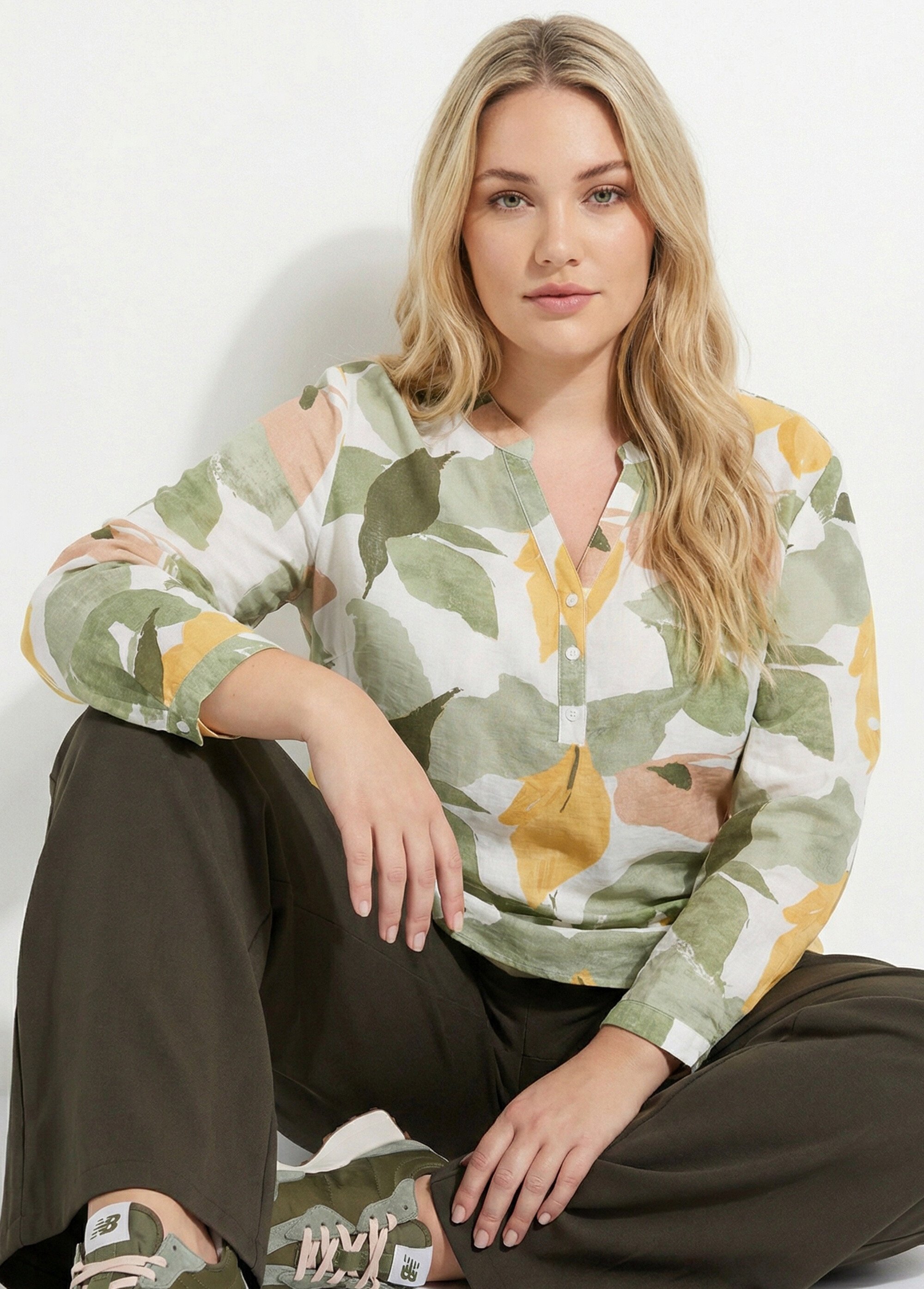 Tunique imprimé feuillage stylisé Femme Grande Taille Vert CHY-F650 MV1