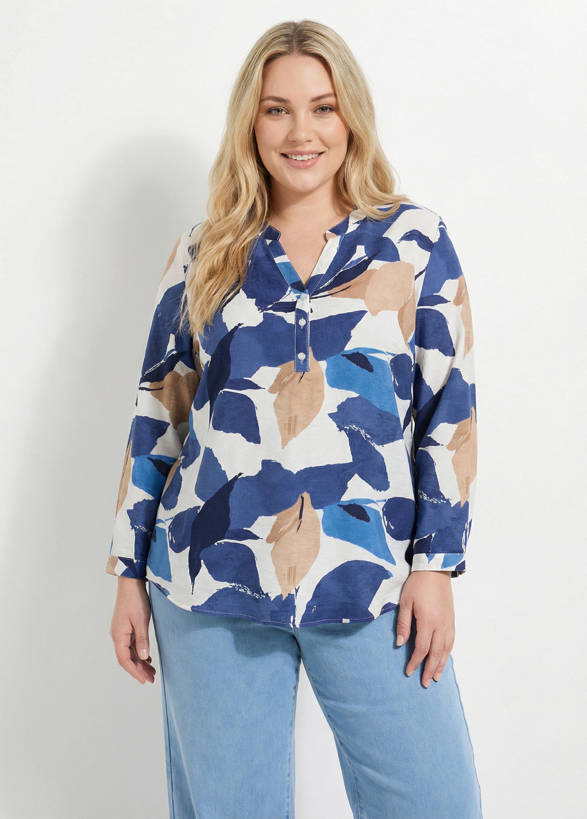 Tunique imprimé feuillage stylisé Femme Grande Taille Bleu CHY-F650 FA1