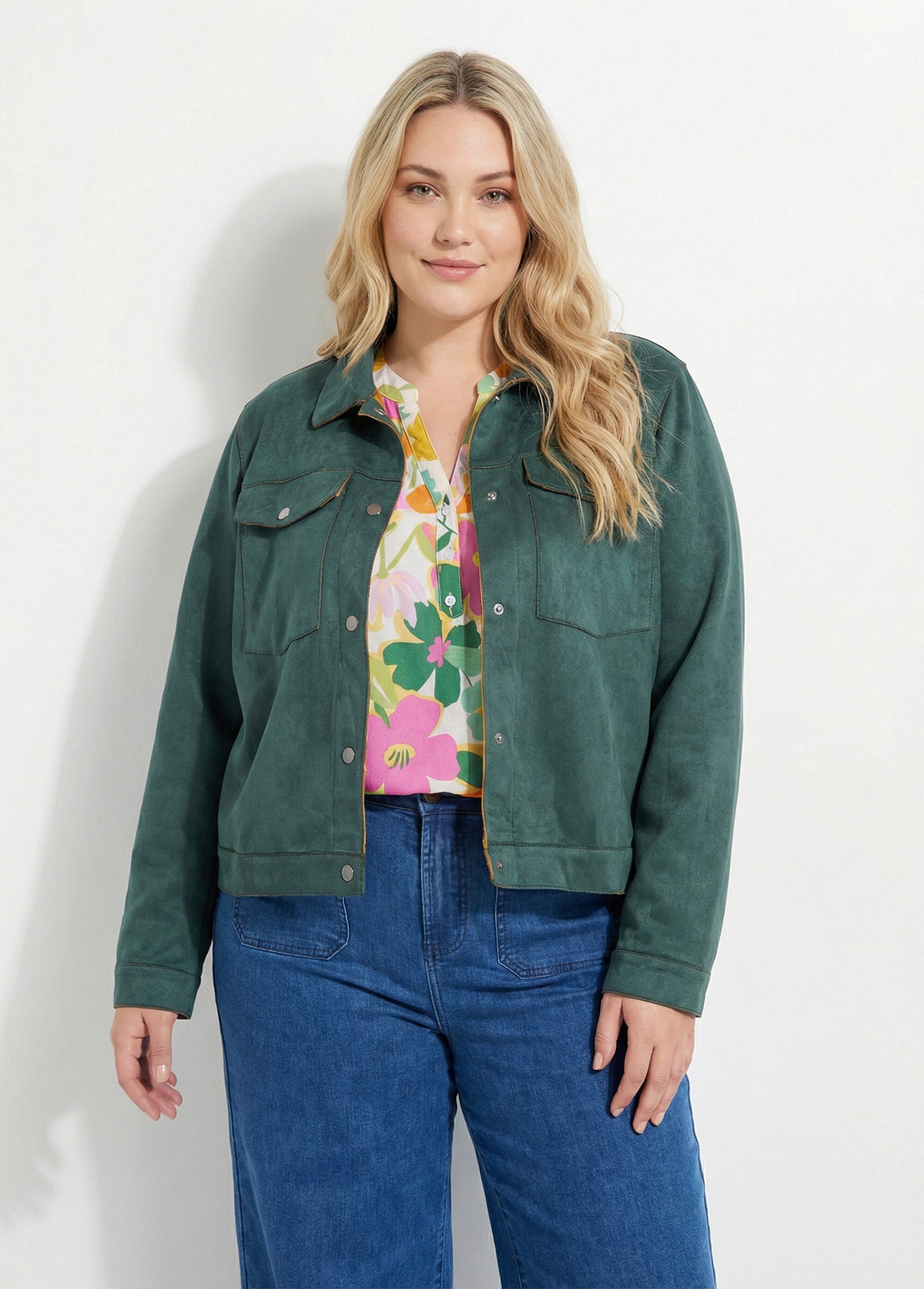 Veste en suédine détails contrastants Femme Grande Taille Vert CHY-H013 FA1