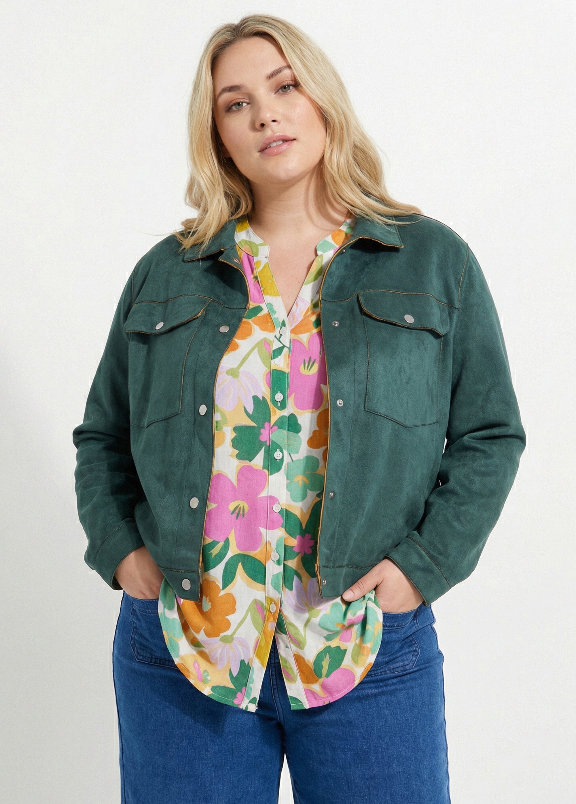 Veste en suédine détails contrastants Femme Grande Taille Vert CHY-H013 MV1