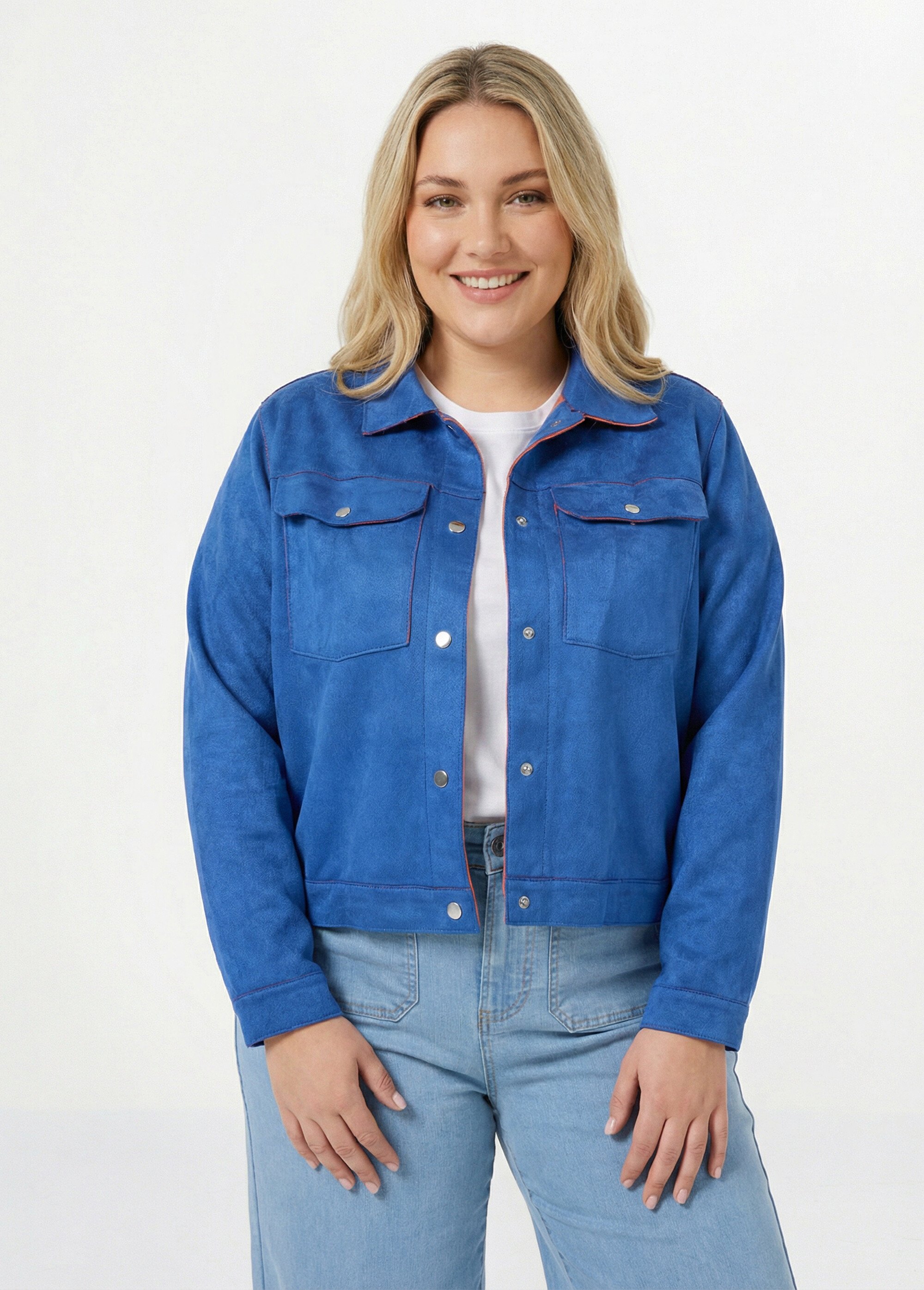 Veste en suédine détails contrastants Femme Grande Taille Bleu CHY-H013 FA1