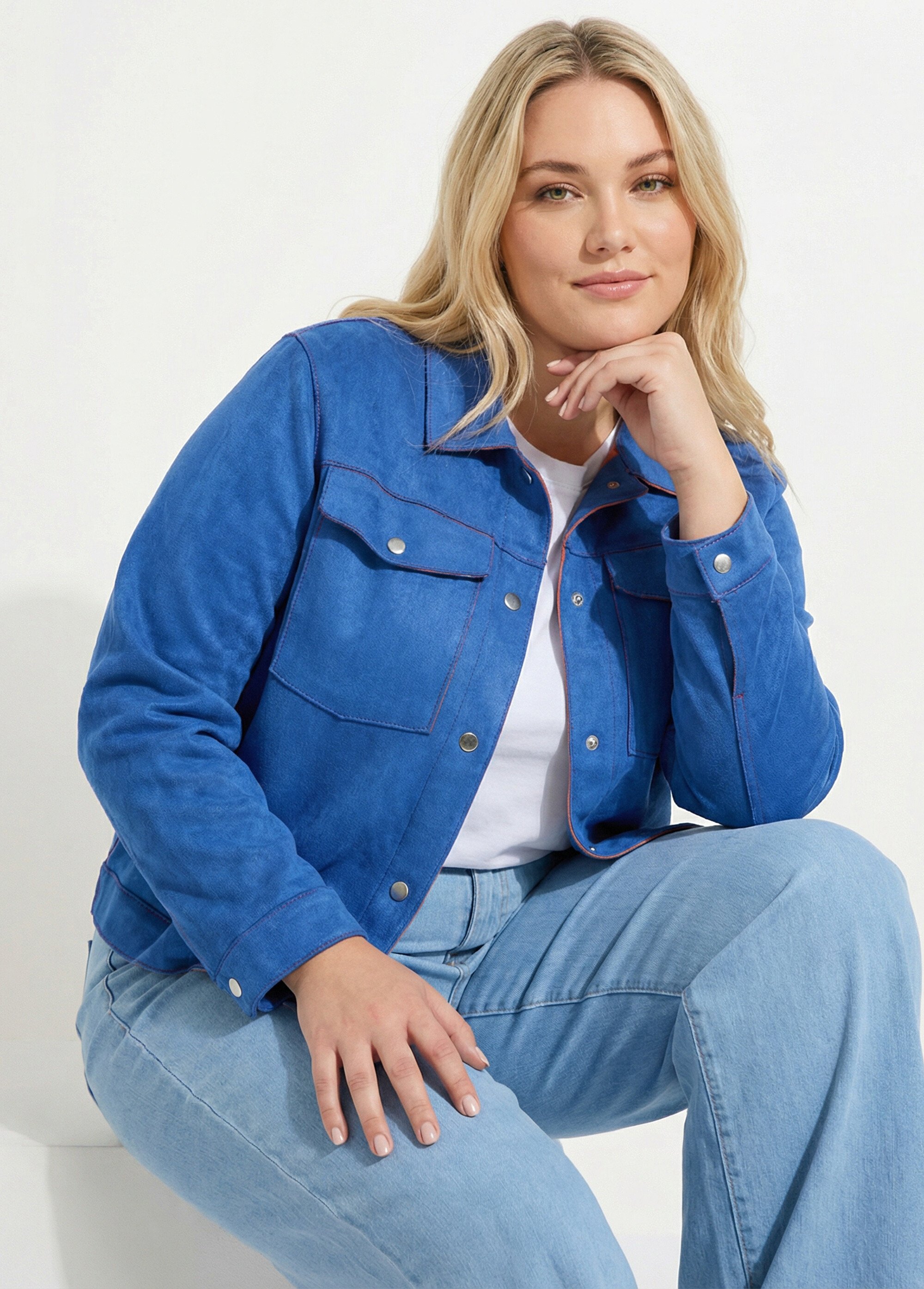 Veste en suédine détails contrastants Femme Grande Taille Bleu CHY-H013 MV1