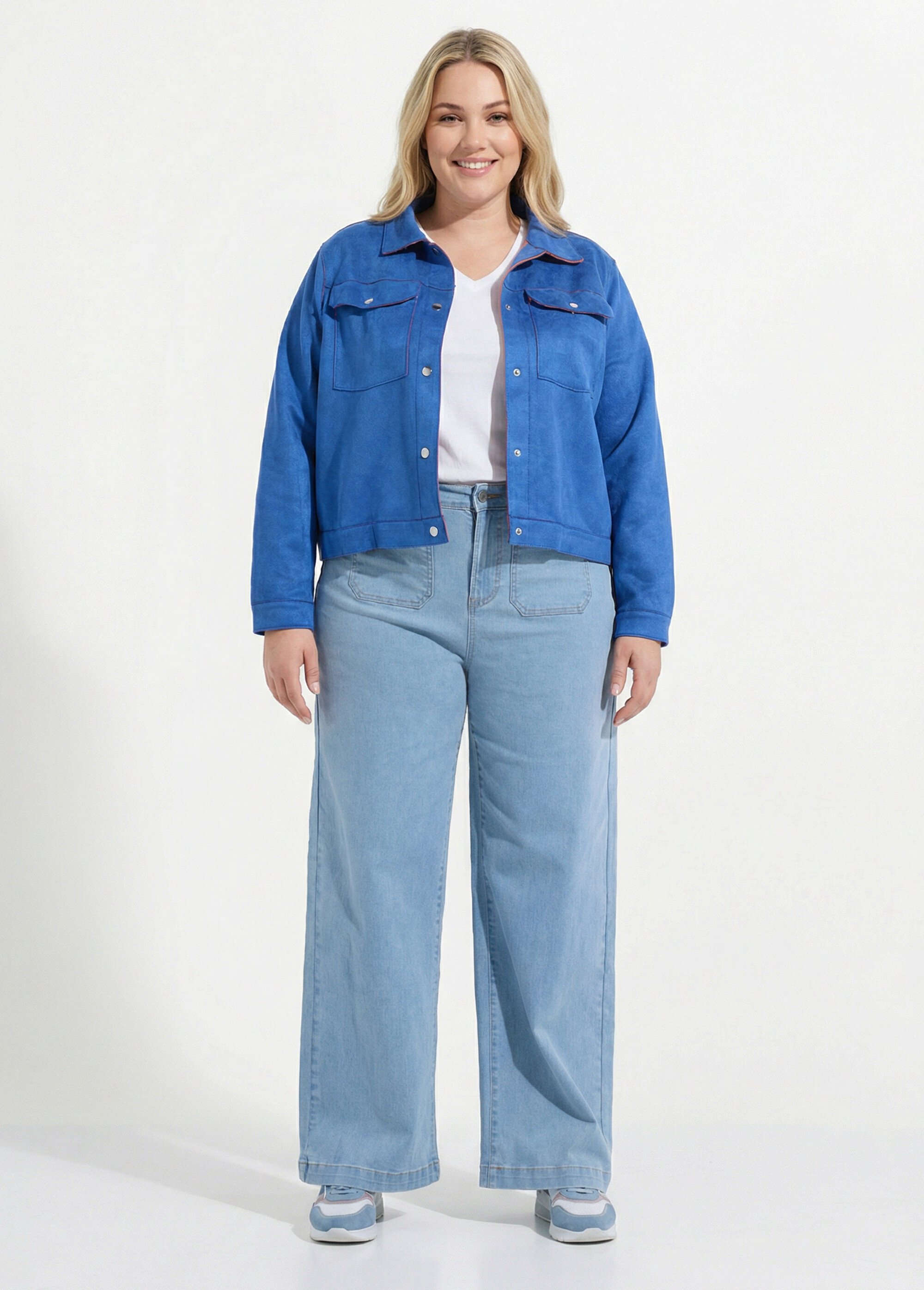 Veste en suédine détails contrastants Femme Grande Taille Bleu CHY-H013 SF1