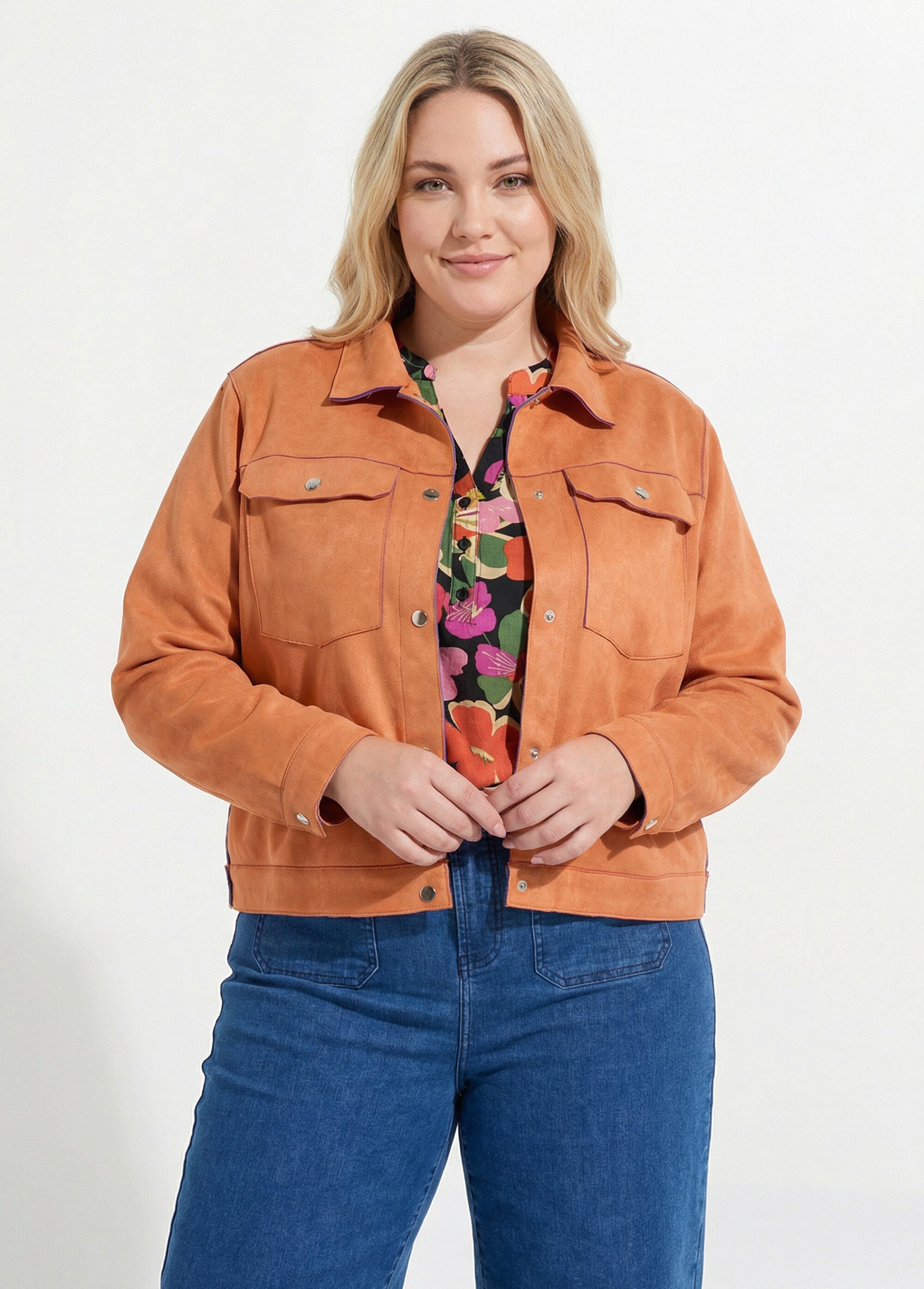 Veste en suédine détails contrastants Femme Grande Taille Orange CHY-H013 FA1
