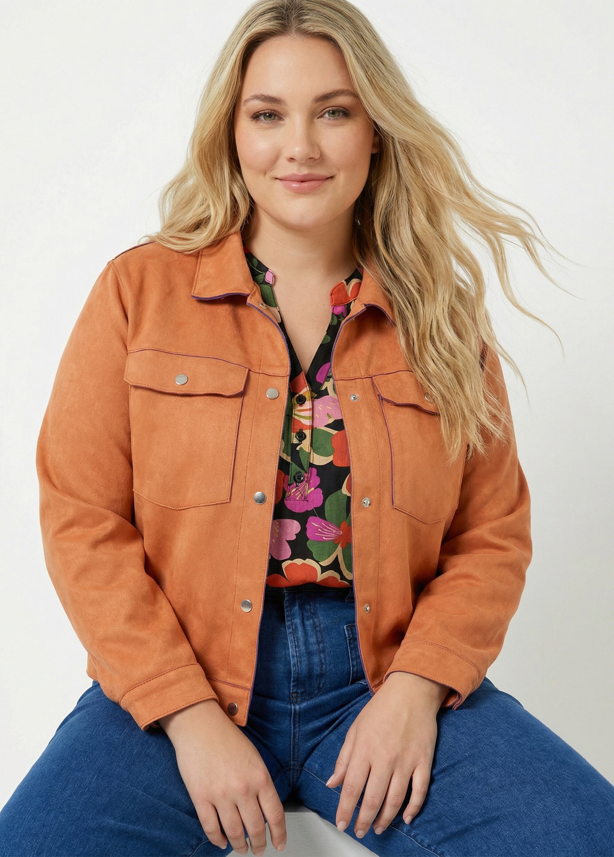 Veste en suédine détails contrastants Femme Grande Taille Orange CHY-H013 MV1