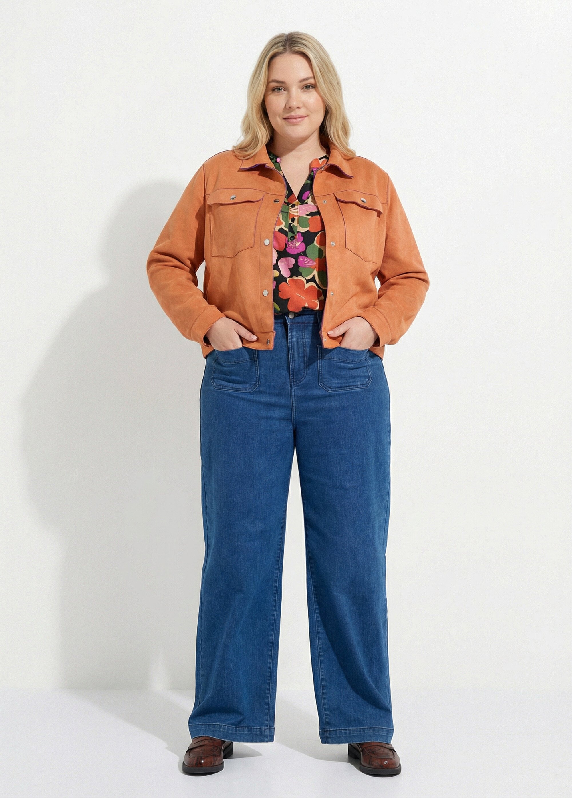 Veste en suédine détails contrastants Femme Grande Taille Orange CHY-H013 SF1