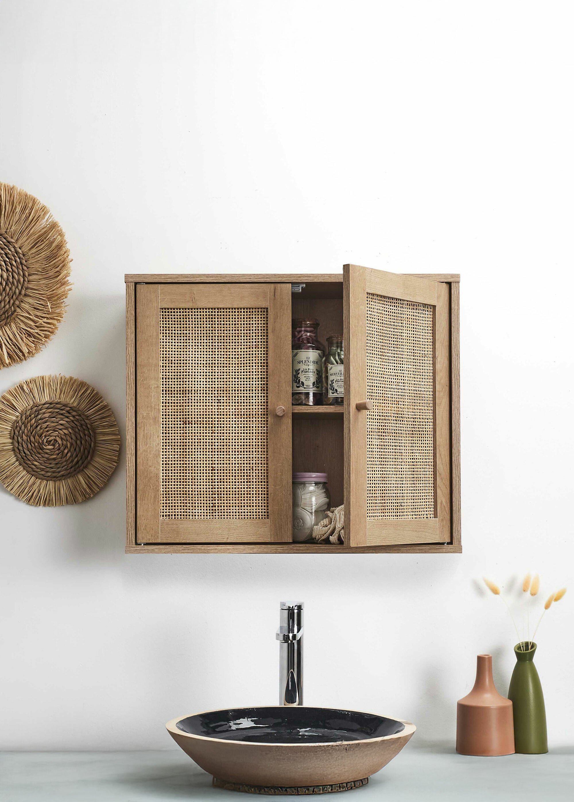 Armoire murale 2 portes, bois et cannage MARRON CMP-HD0226 SI1