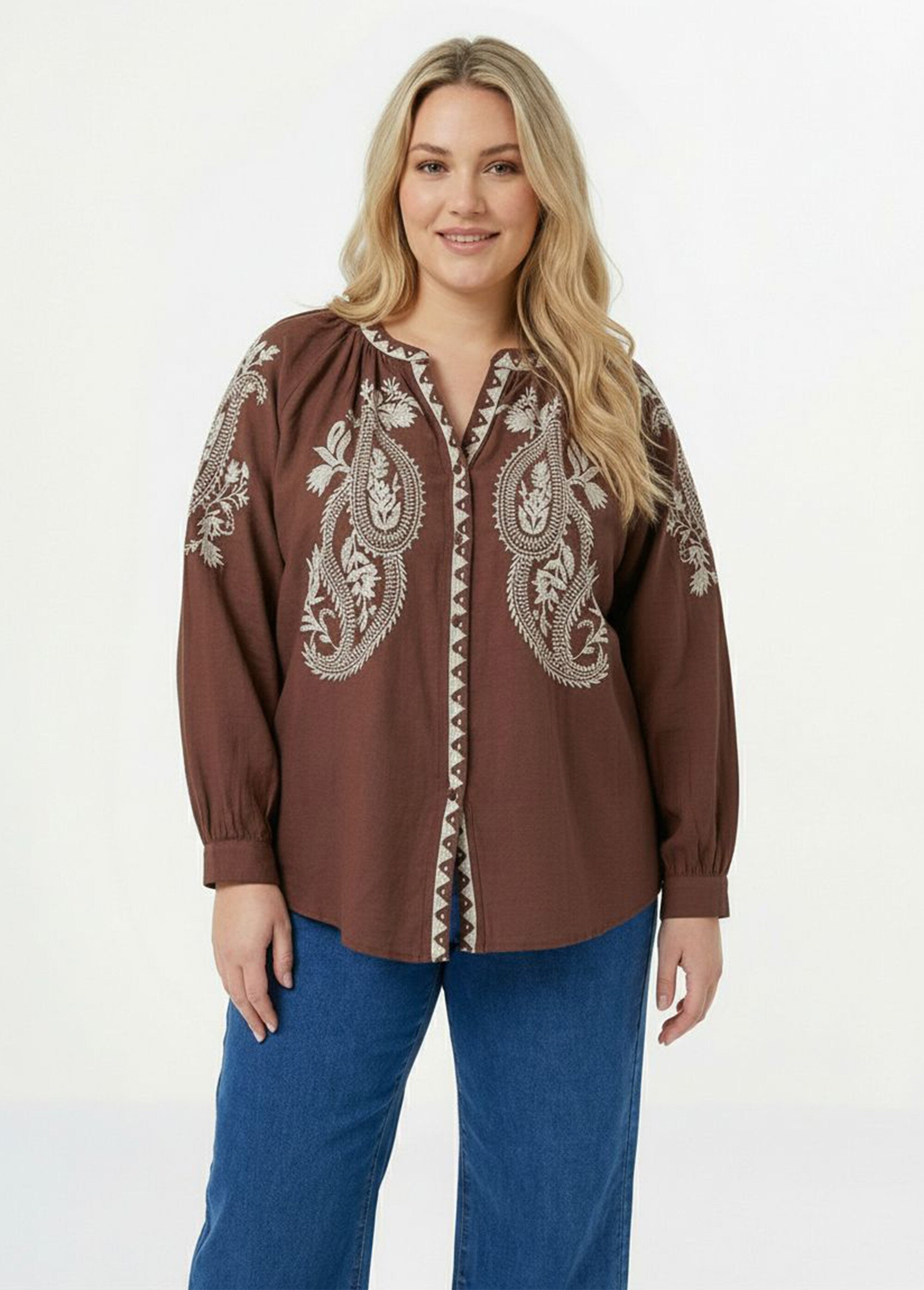 Blouse avec broderies et petit col V Femme Grande Taille Marron CHY-D06 FA1