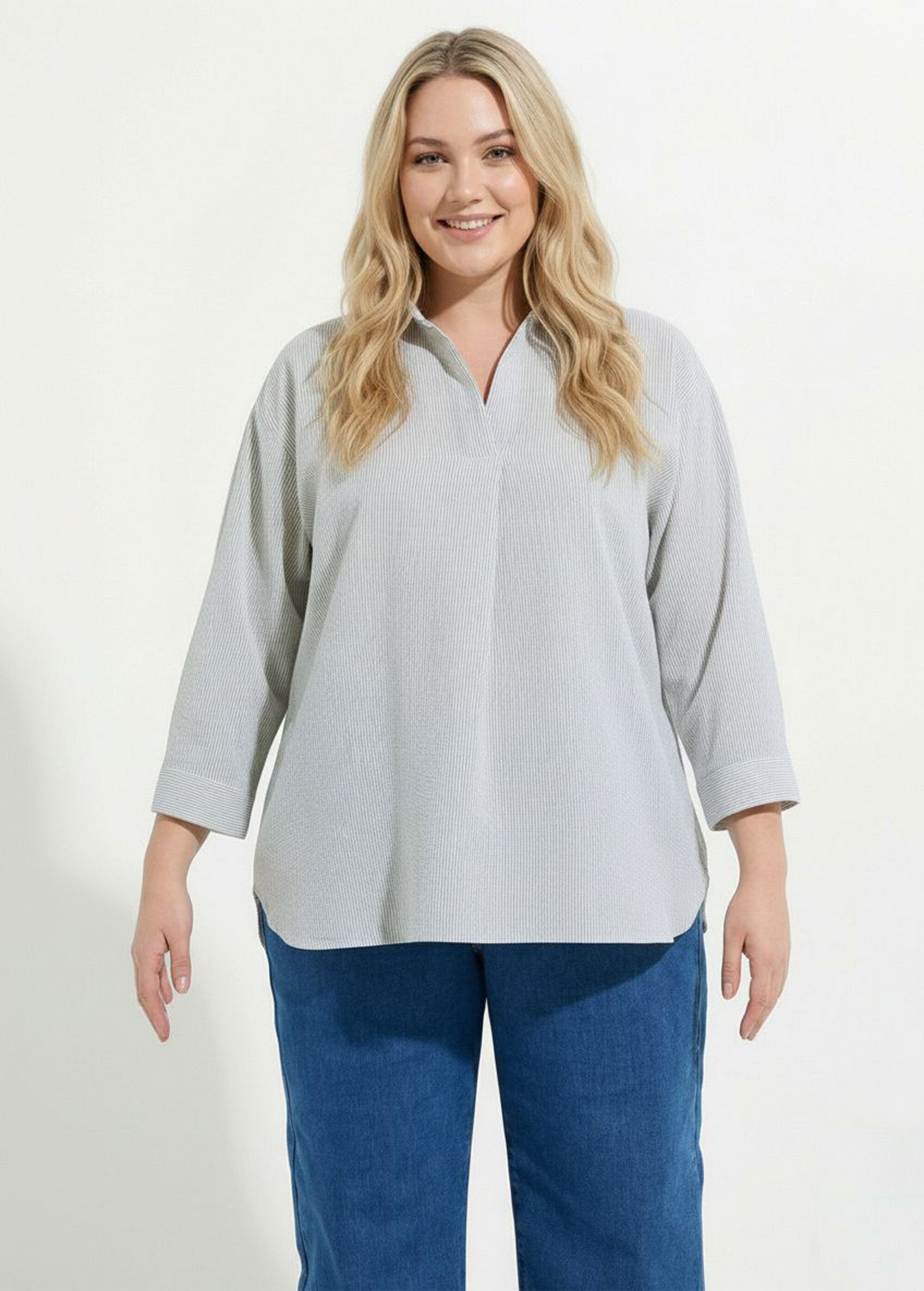 Blouse col V en seersucker fines rayures Femme Grande Taille Vert CHY-AC01 FA1